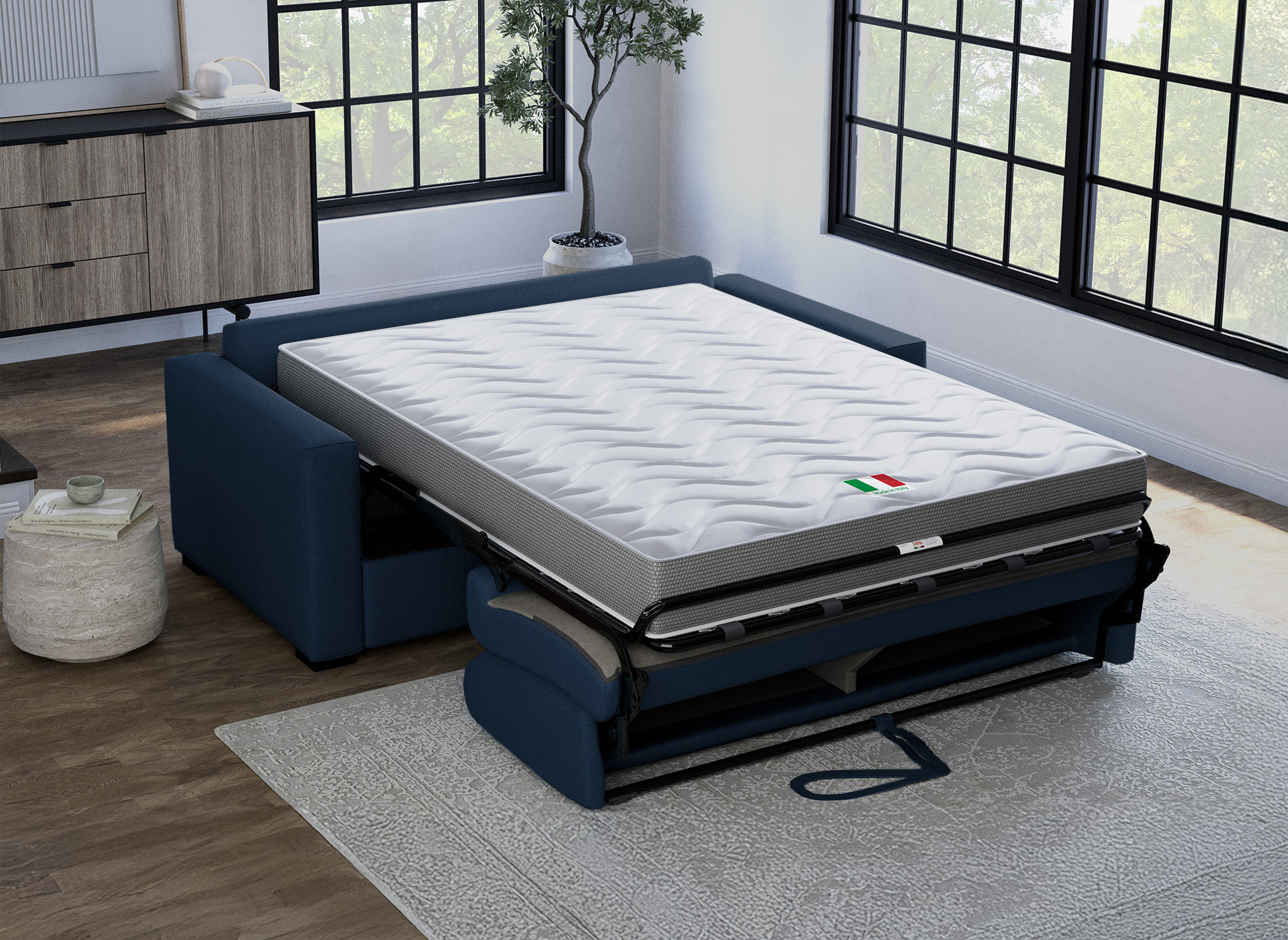 Canapé convertible 3 places LOUNA LUXE en tissu bleu denim ouverture express matelas 18 cm
