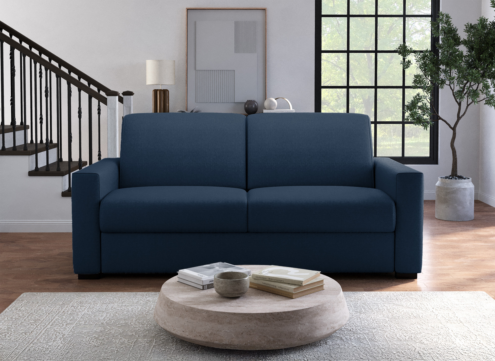 Canapé convertible 3 places LOUNA LUXE en tissu bleu denim ouverture express matelas 18 cm