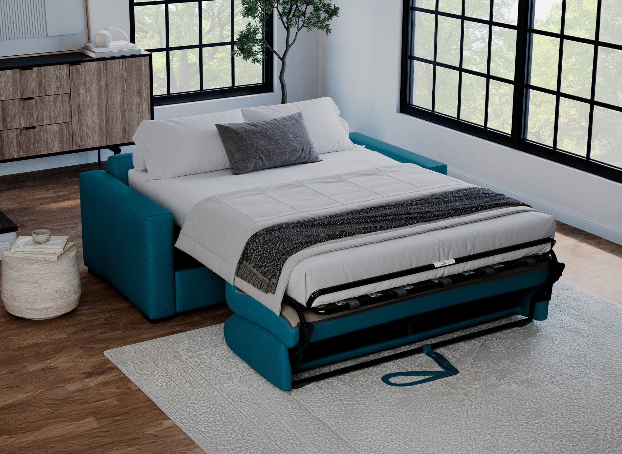 Canapé convertible 3 places LOUNA LUXE en tissu bleu pétrole ouverture express matelas 18 cm