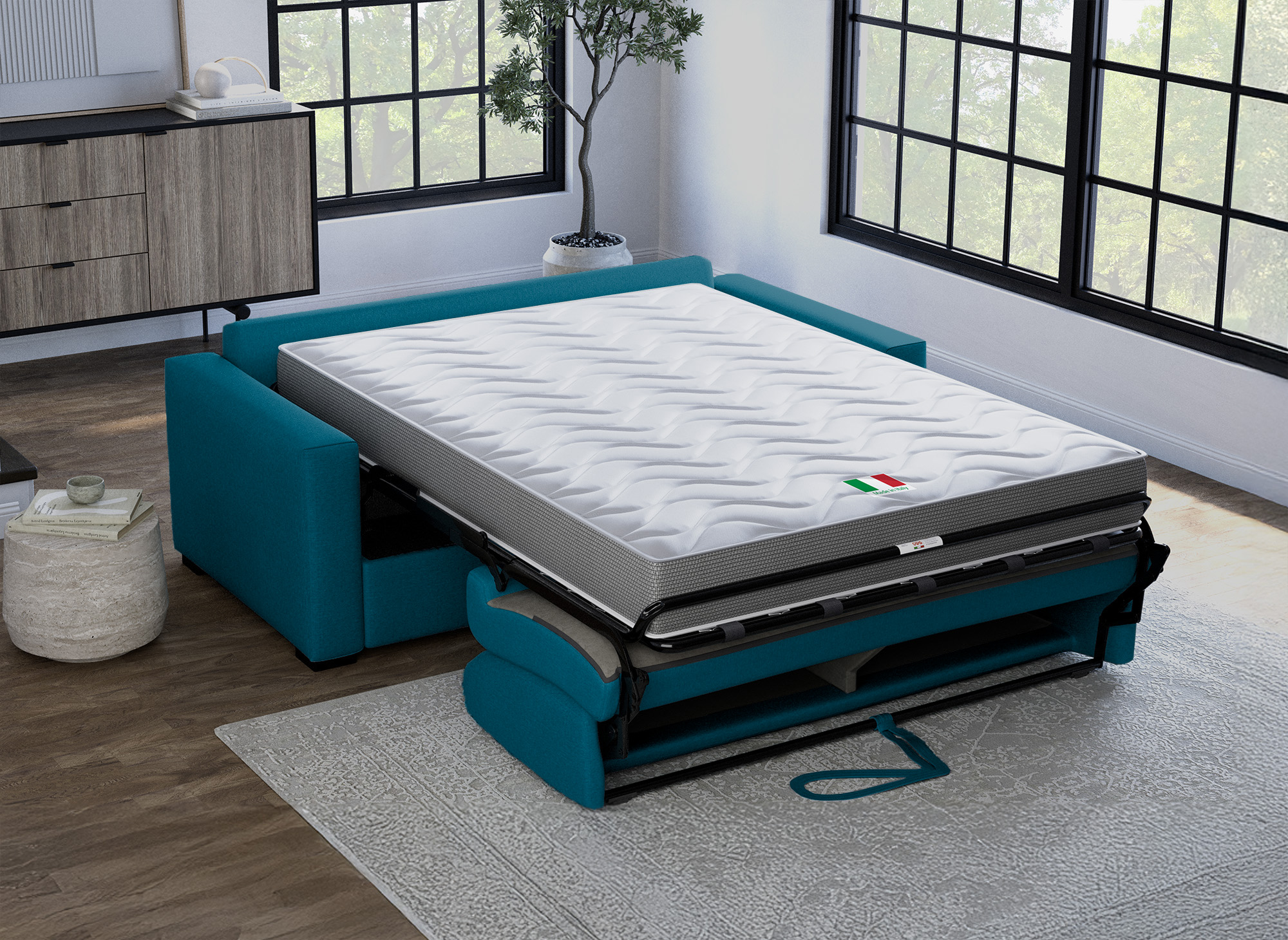 Canapé convertible 3 places LOUNA LUXE en tissu bleu pétrole ouverture express matelas 18 cm