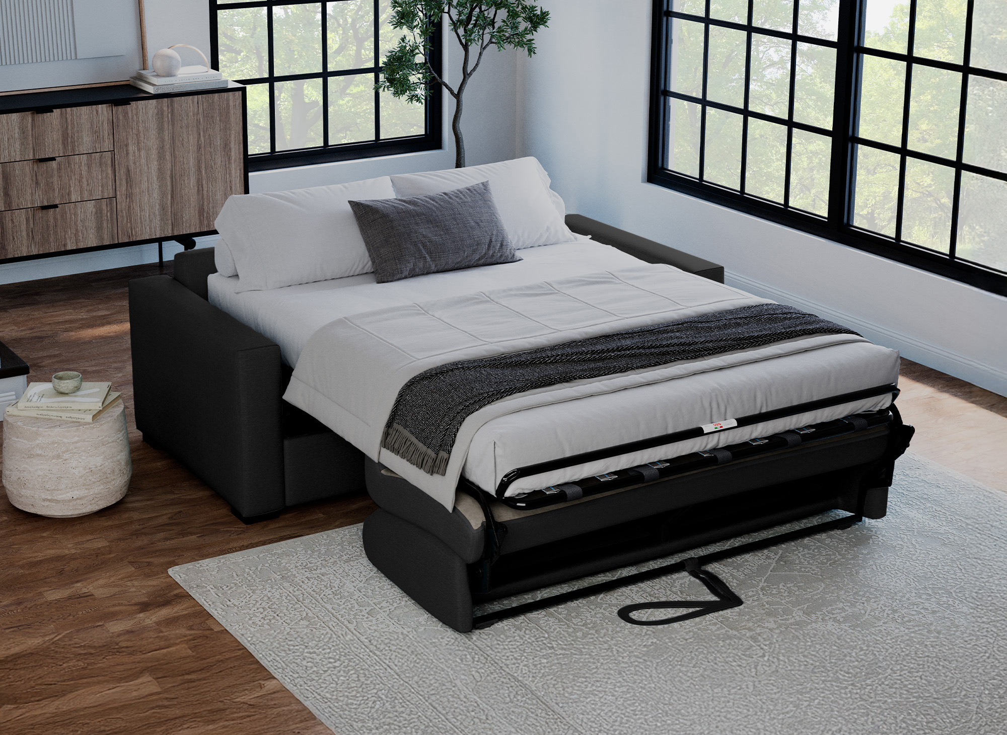 Canapé convertible 3 places LOUNA LUXE en tissu gris anthracite ouverture express matelas 18 cm