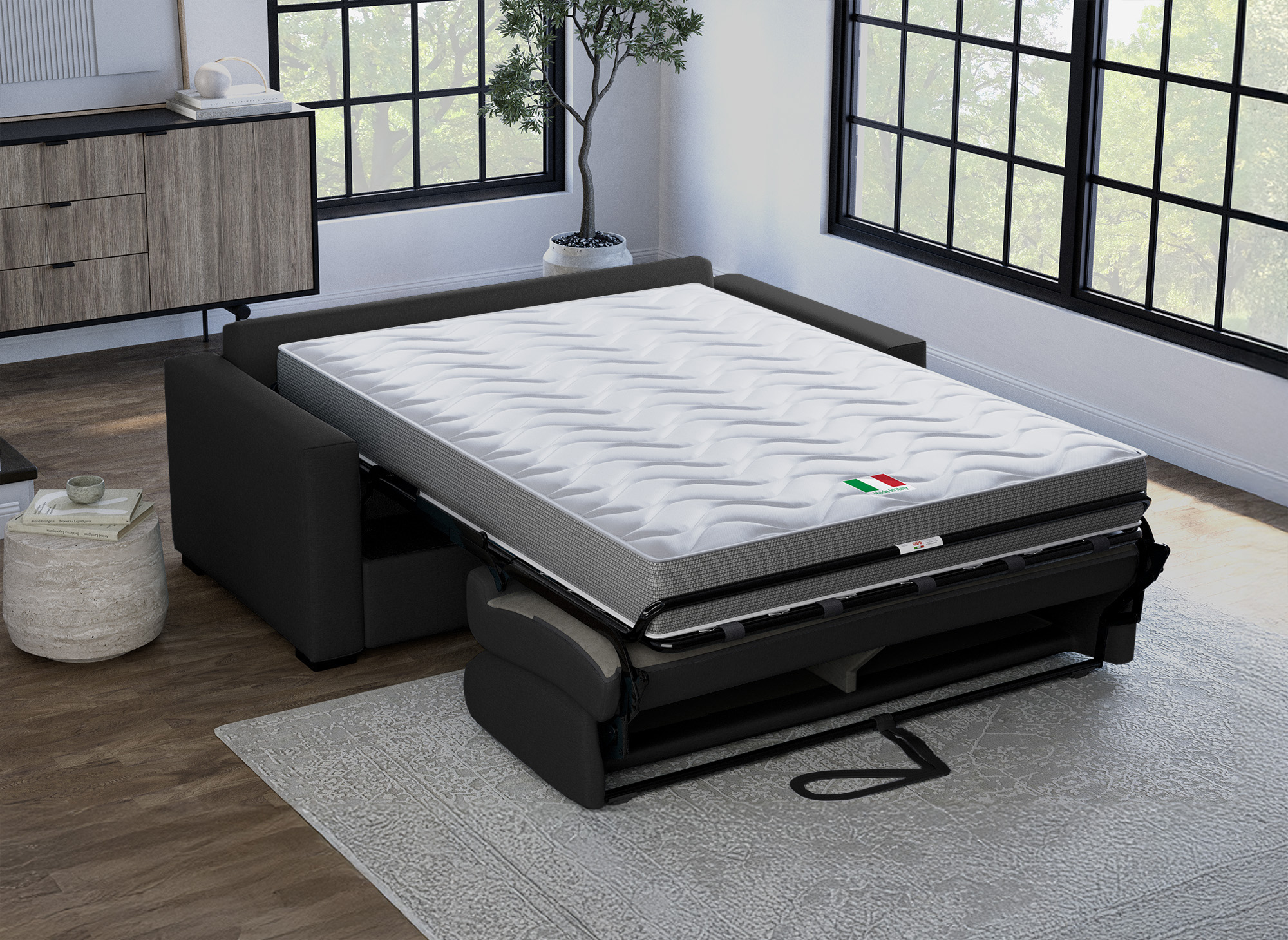 Canapé convertible 3 places LOUNA LUXE en tissu gris anthracite ouverture express matelas 18 cm