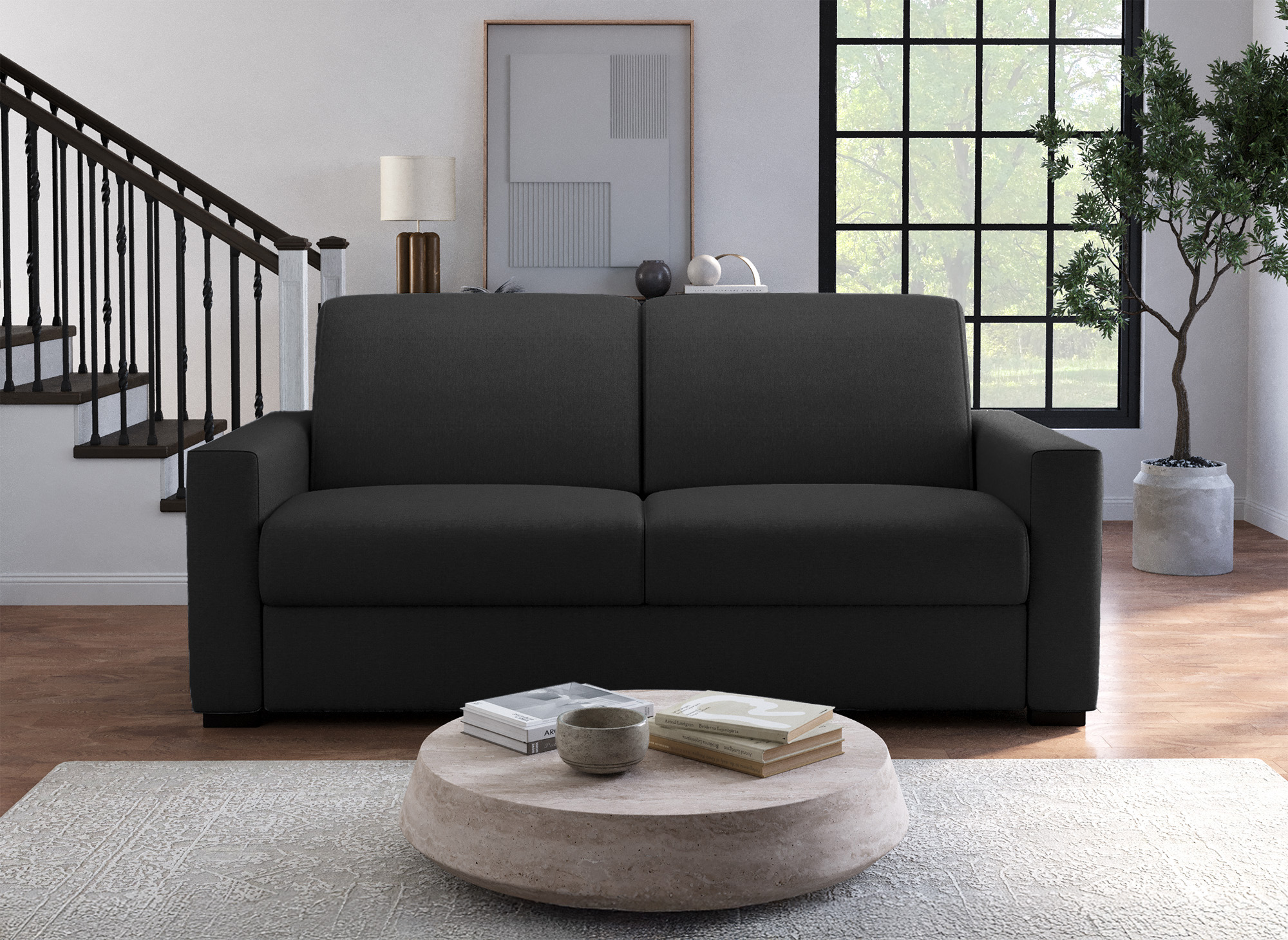Canapé convertible 3 places LOUNA LUXE en tissu gris anthracite ouverture express matelas 18 cm