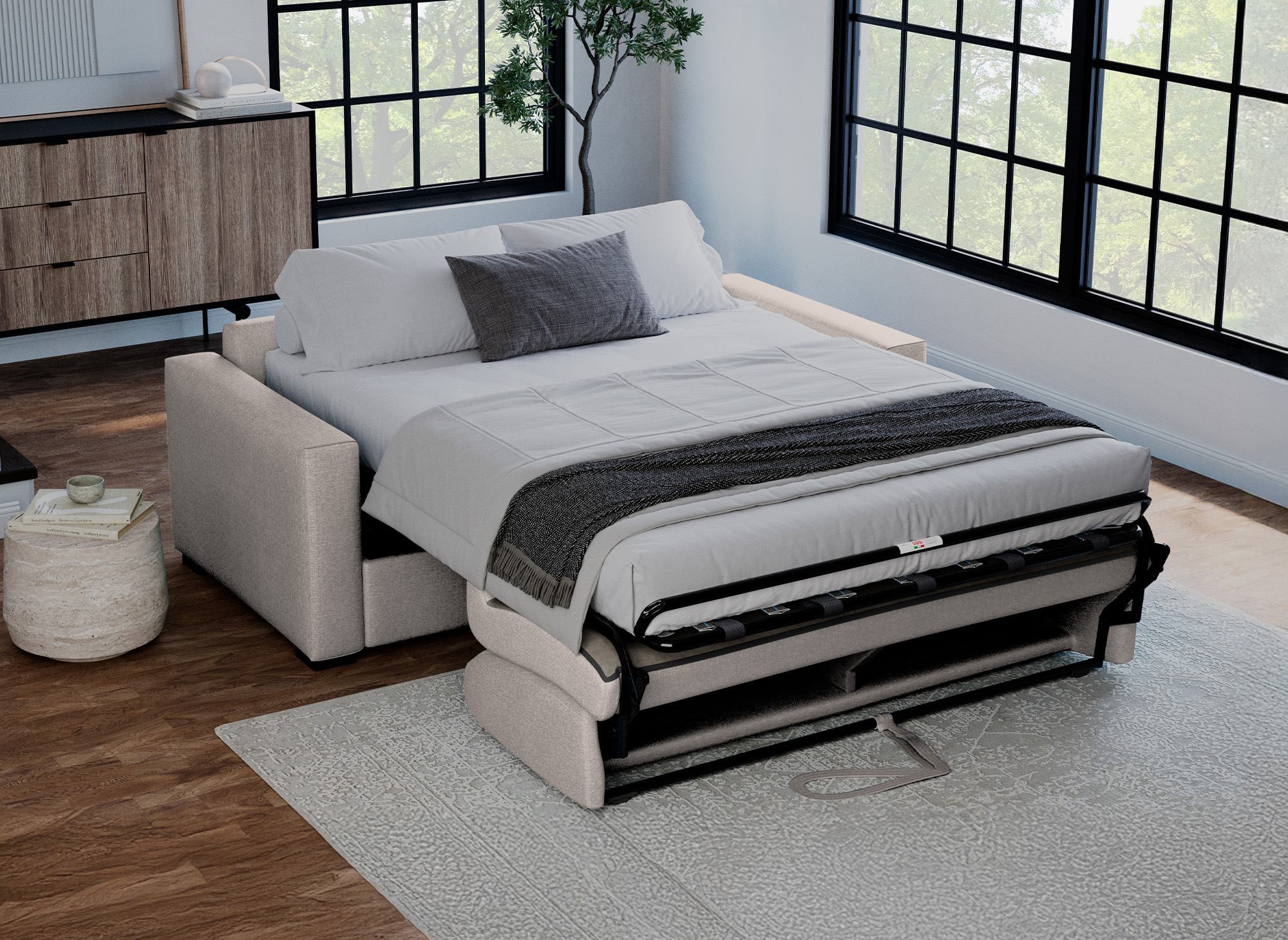 Canapé convertible 3 places LOUNA LUXE en tissu beige ouverture express matelas 18 cm