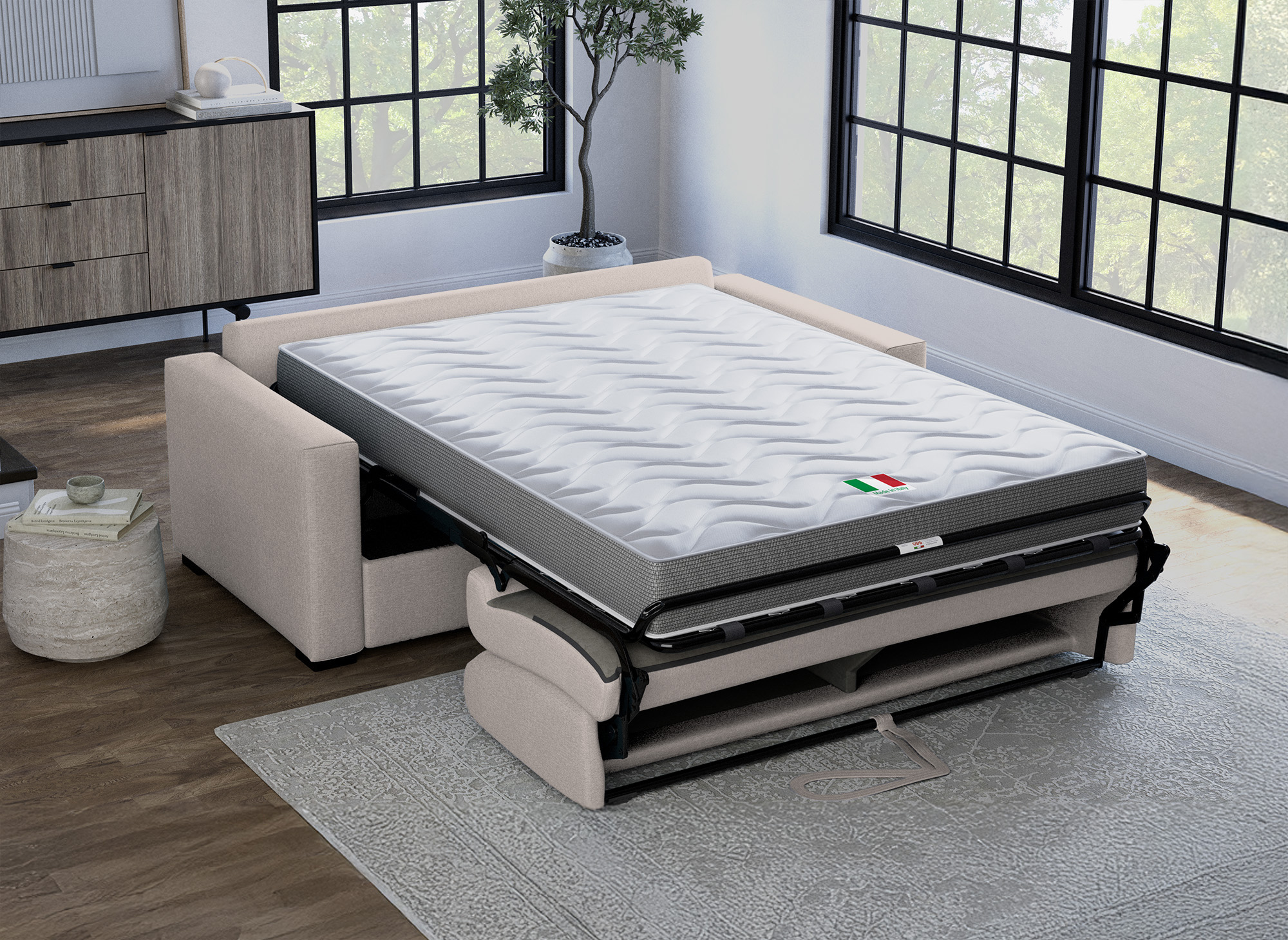 Canapé convertible 3 places LOUNA LUXE en tissu beige ouverture express matelas 18 cm