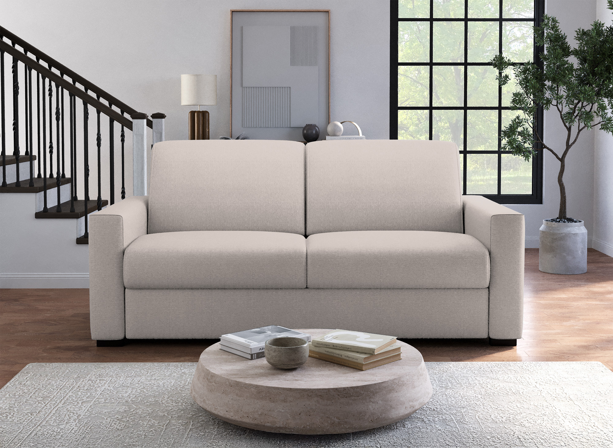 Canapé convertible 3 places LOUNA LUXE en tissu beige ouverture express matelas 18 cm