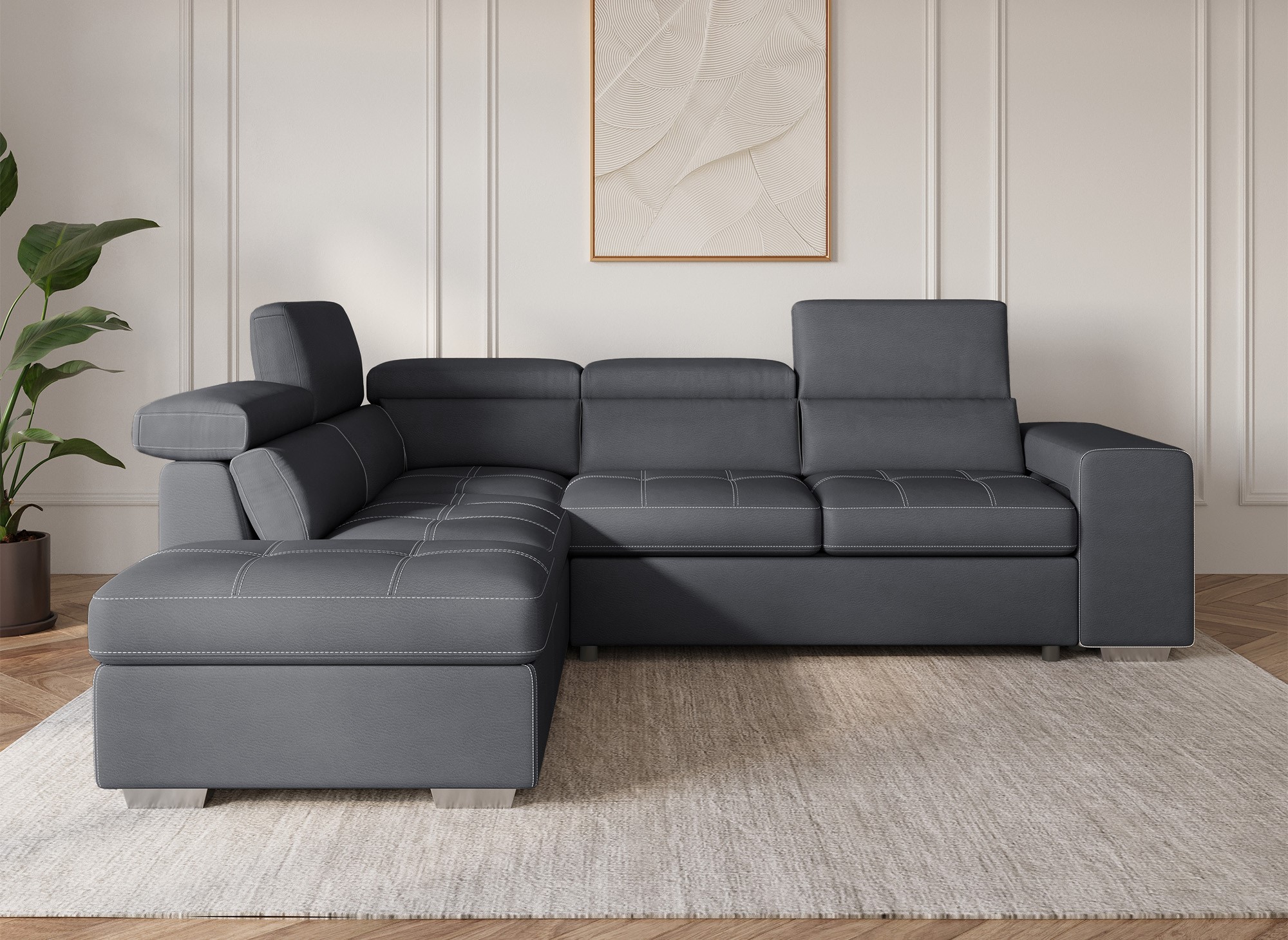 Canapé d'angle convertible en tissu gris DAVON - angle gauche