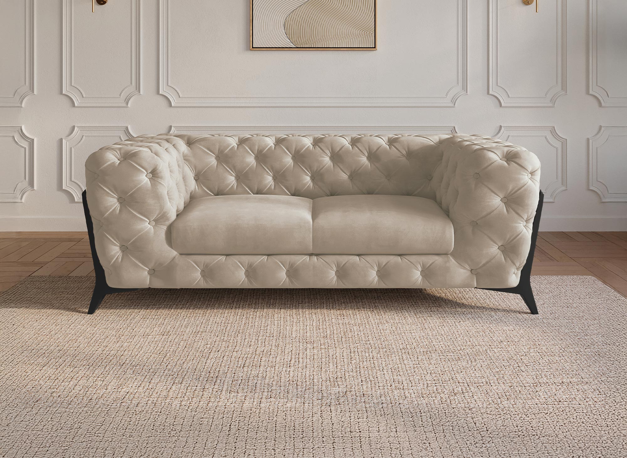 Canapé 2 places capitonné chesterfield velours beige  CARMEN