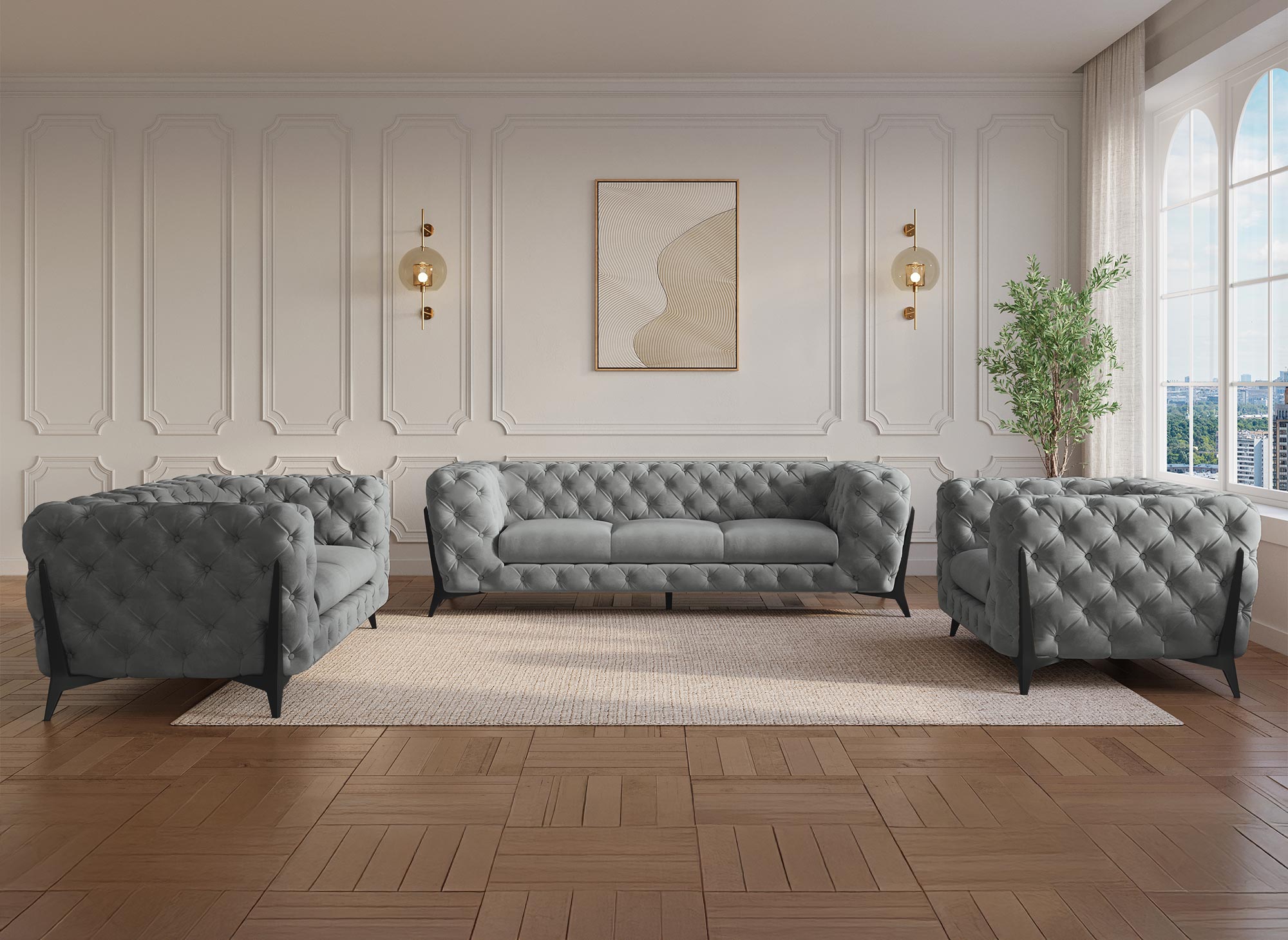 Canapé 3 places capitonné chesterfield velours gris CARMEN