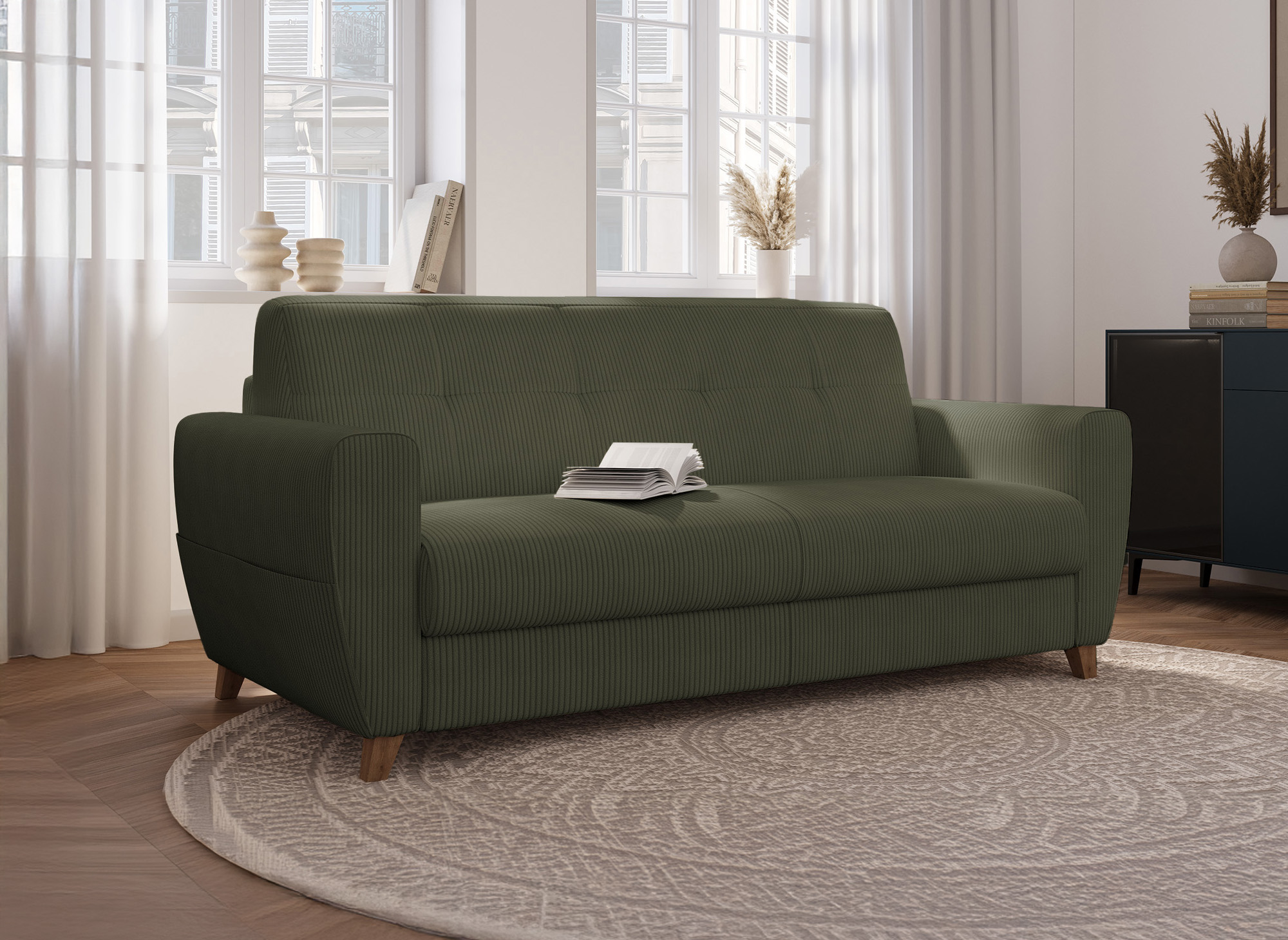 Canapé convertible 3 places en velours côtelé vert kaki avec matelas 18cm TOBIAS