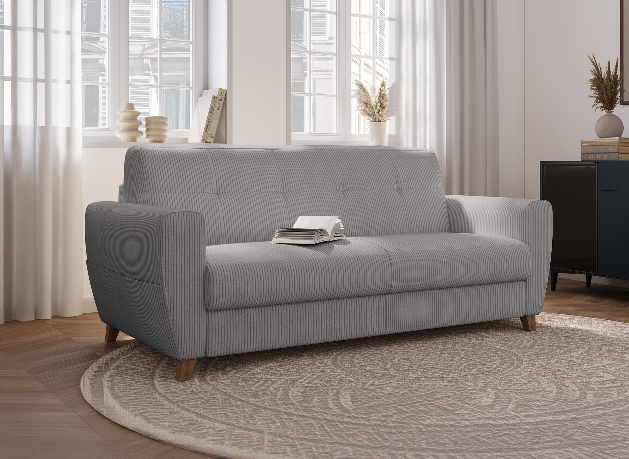 Canapé convertible 3 places en velours côtelé gris clair avec matelas 18cm TOBIAS
