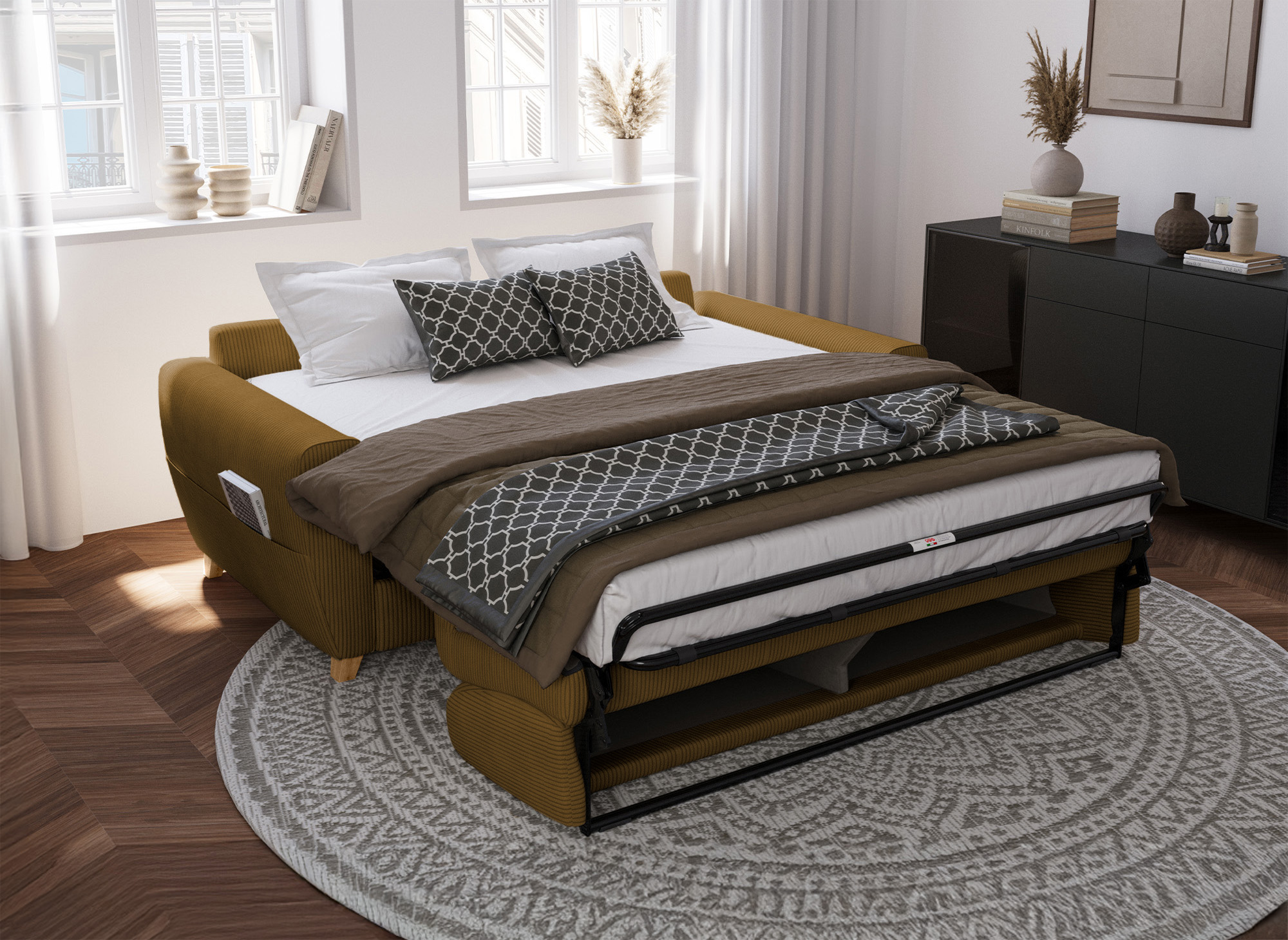 Canapé convertible 3 places en velours côtelé moutarde avec matelas 18cm TOBIAS