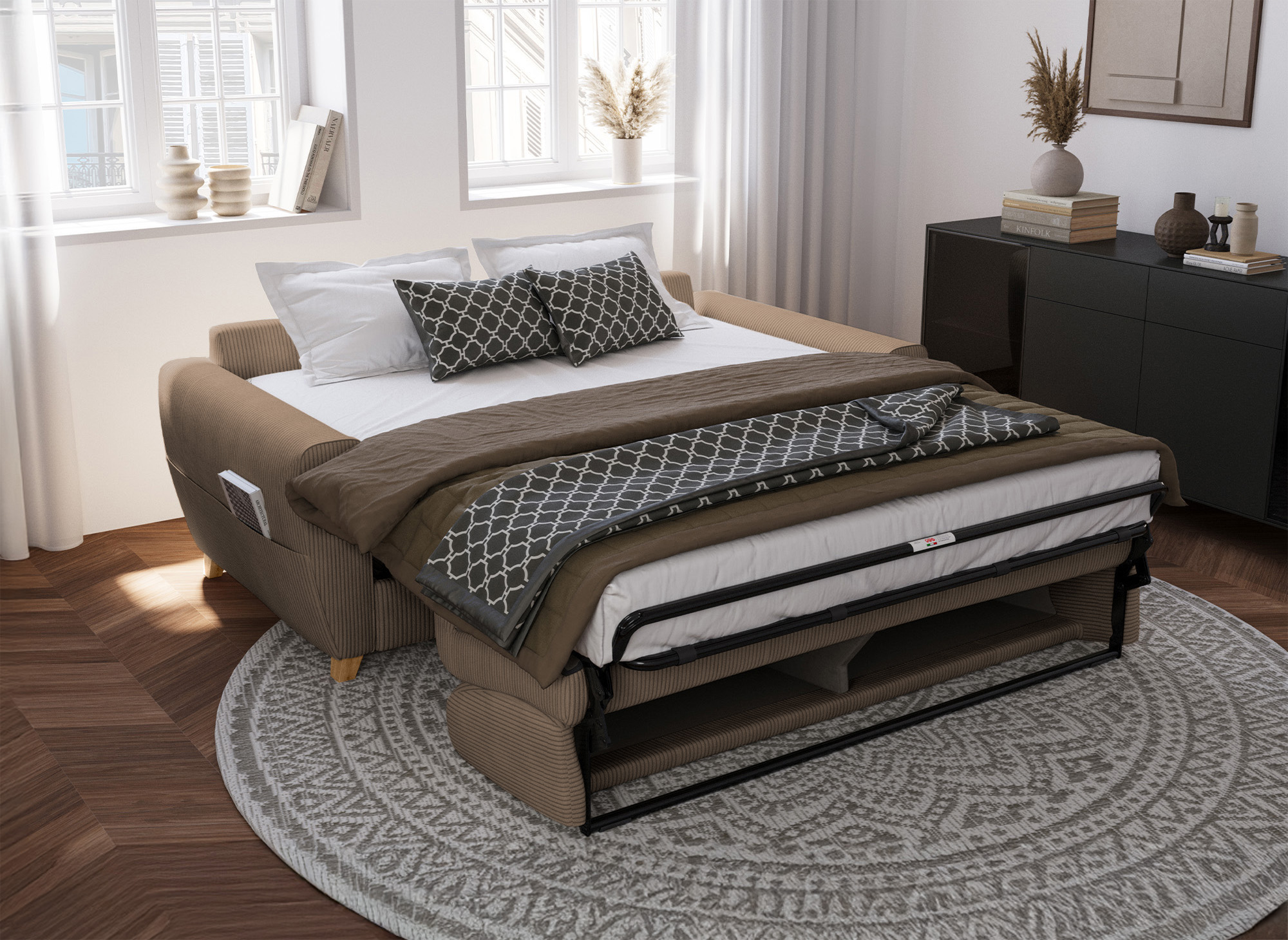 Canapé convertible 3 places en velours côtelé moka avec matelas 18cm TOBIAS