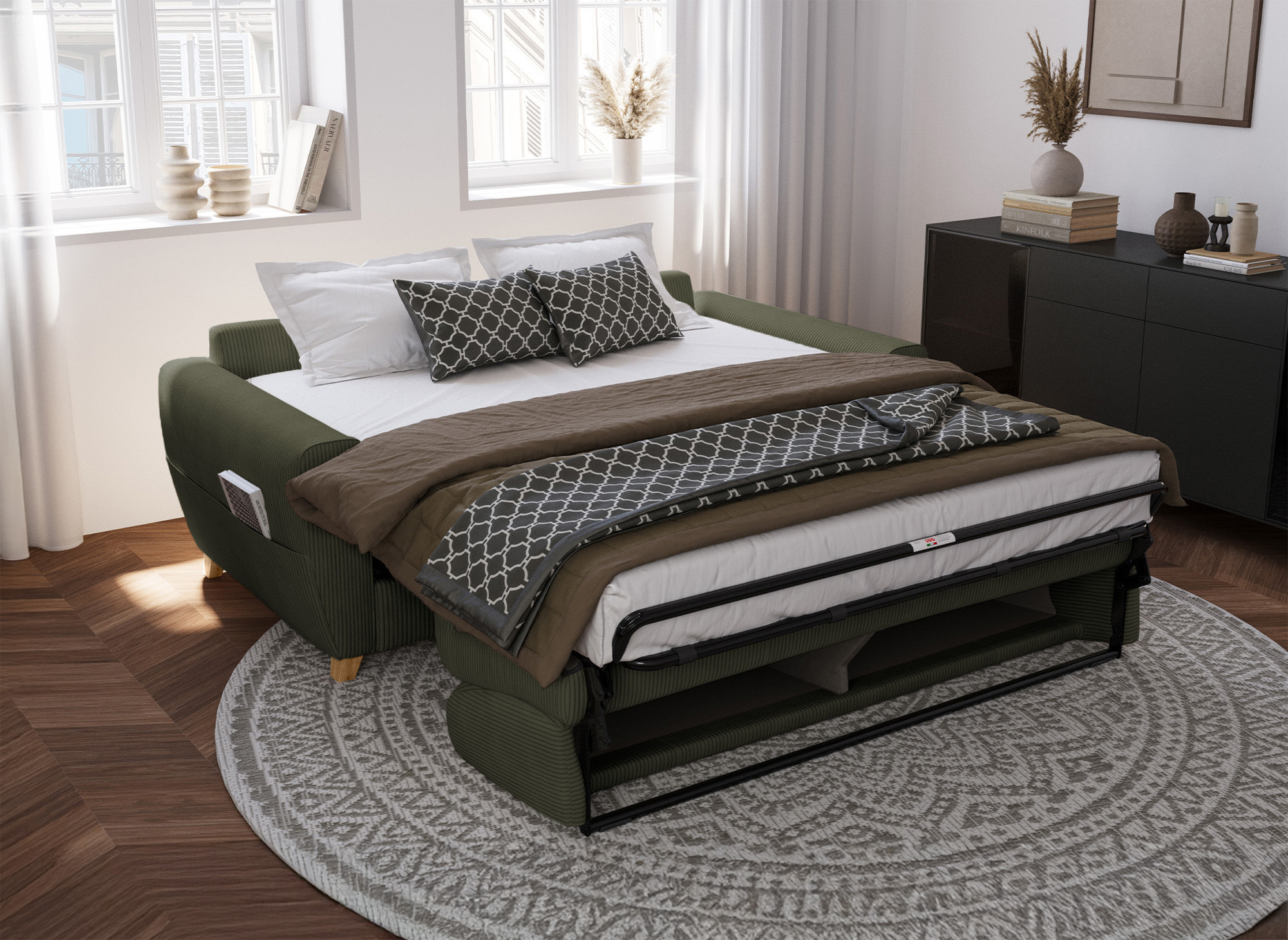 Canapé convertible 3 places en velours côtelé vert kaki avec matelas 18cm TOBIAS
