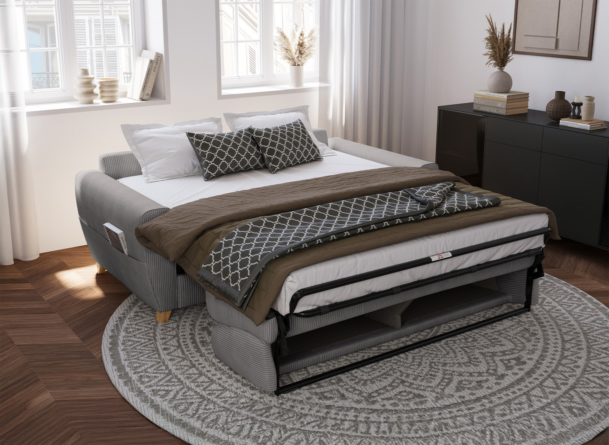 Canapé convertible 3 places en velours côtelé gris clair avec matelas 18cm TOBIAS