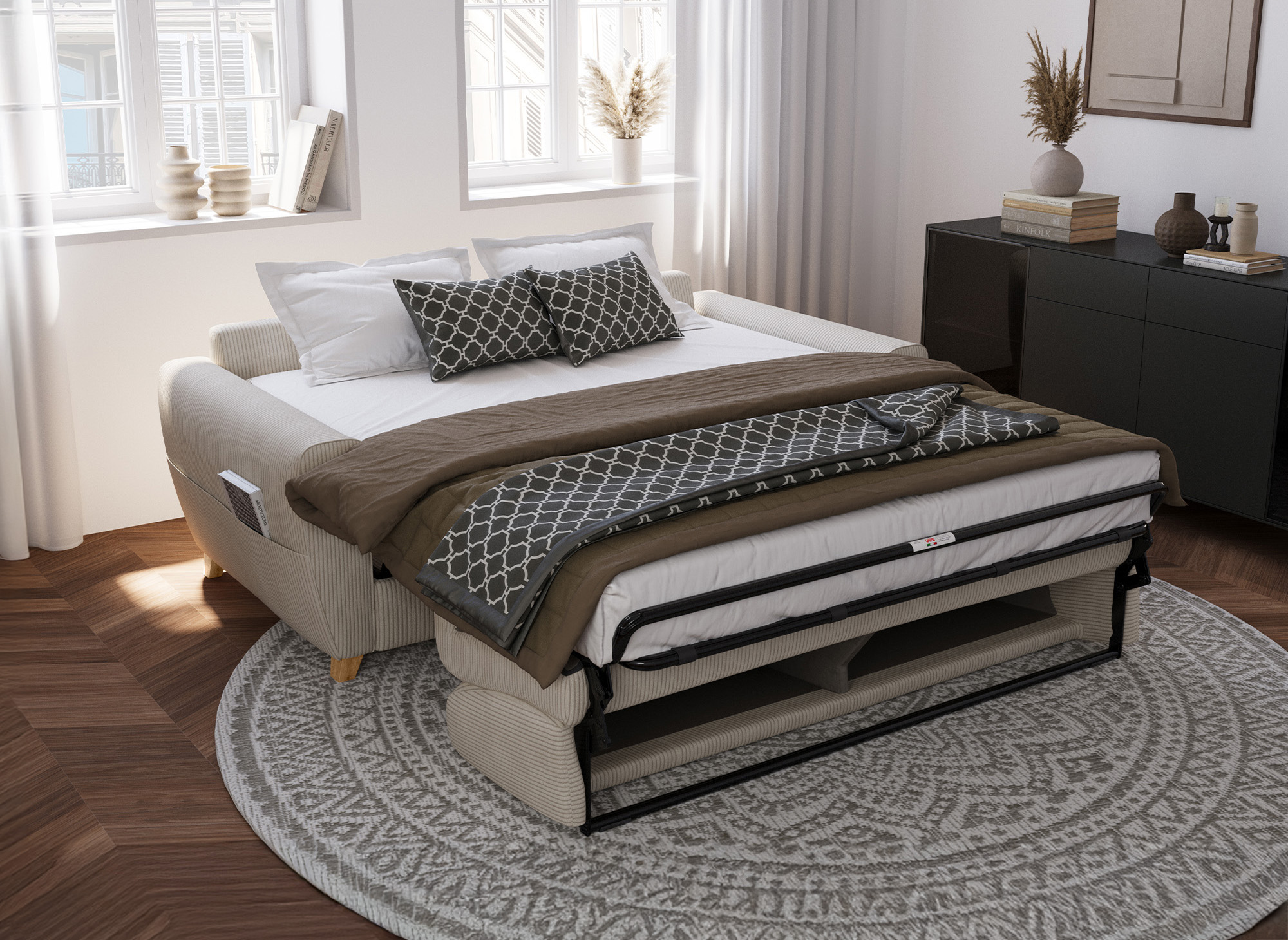 Canapé convertible 3 places en velours côtelé beige avec matelas 18cm TOBIAS