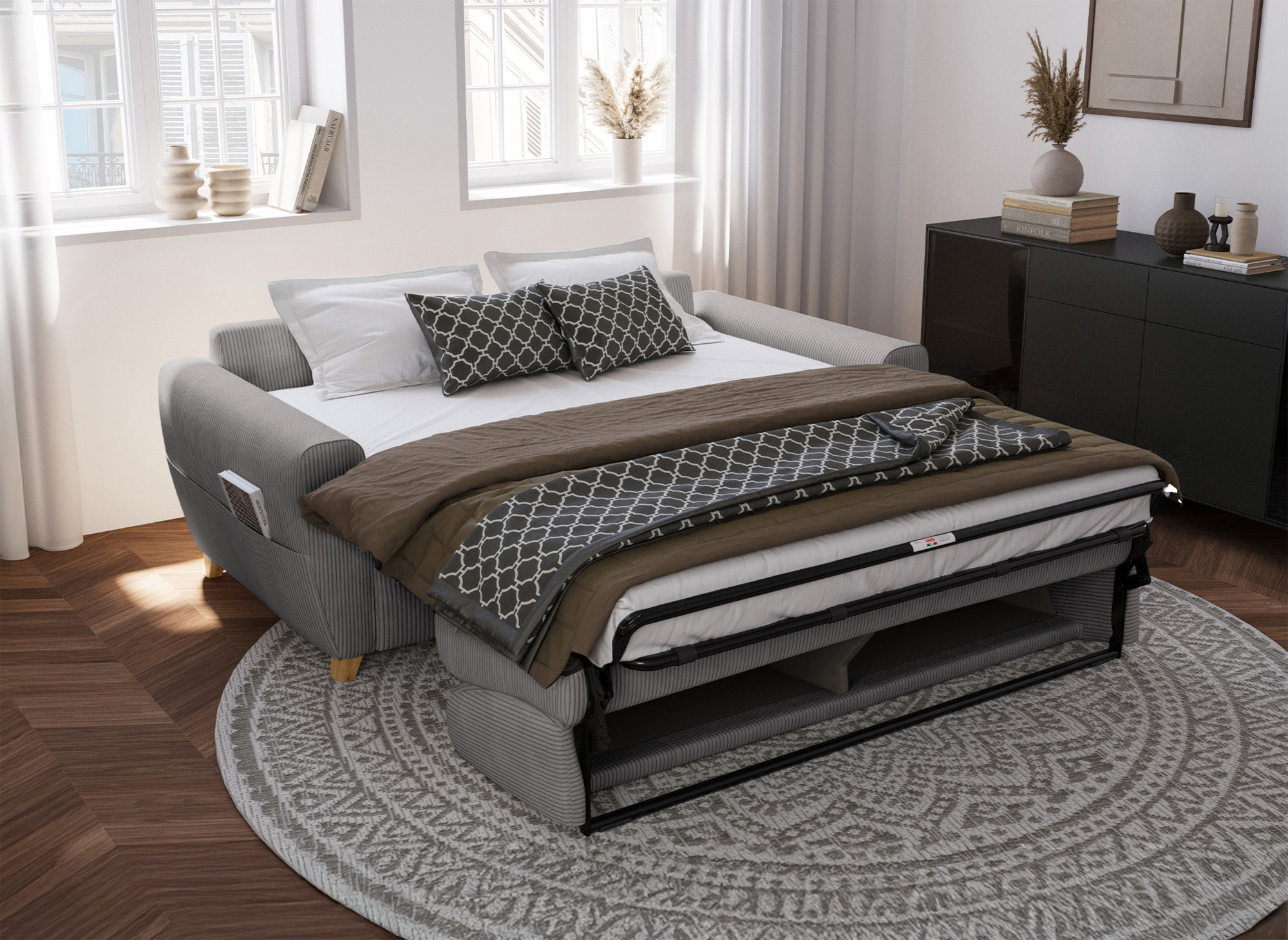Canapé convertible 3 places en velours côtelé gris clair avec matelas 14cm TOBIAS