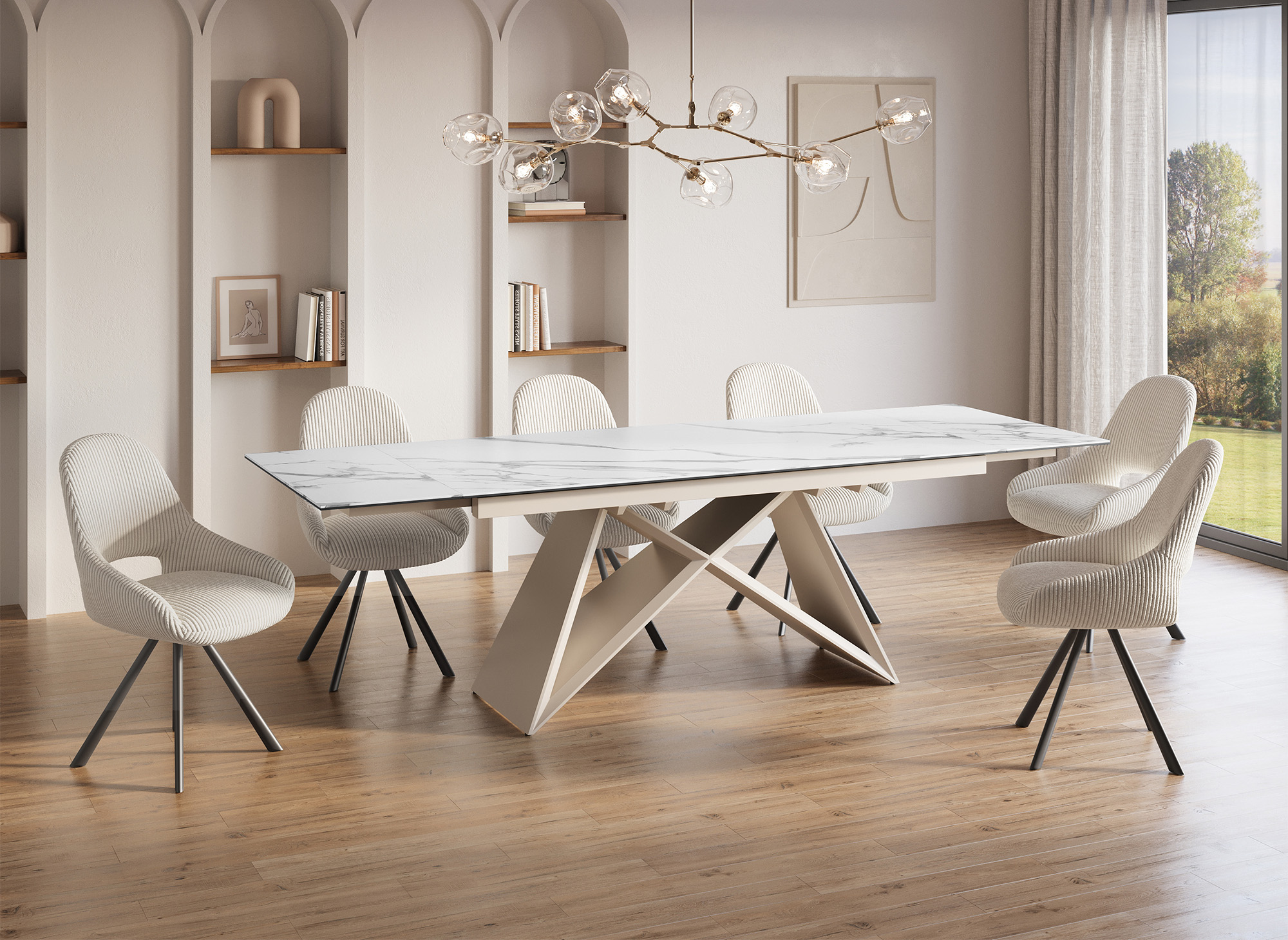 Table à manger extensible en céramique blanche  effet marbre GABRIEL