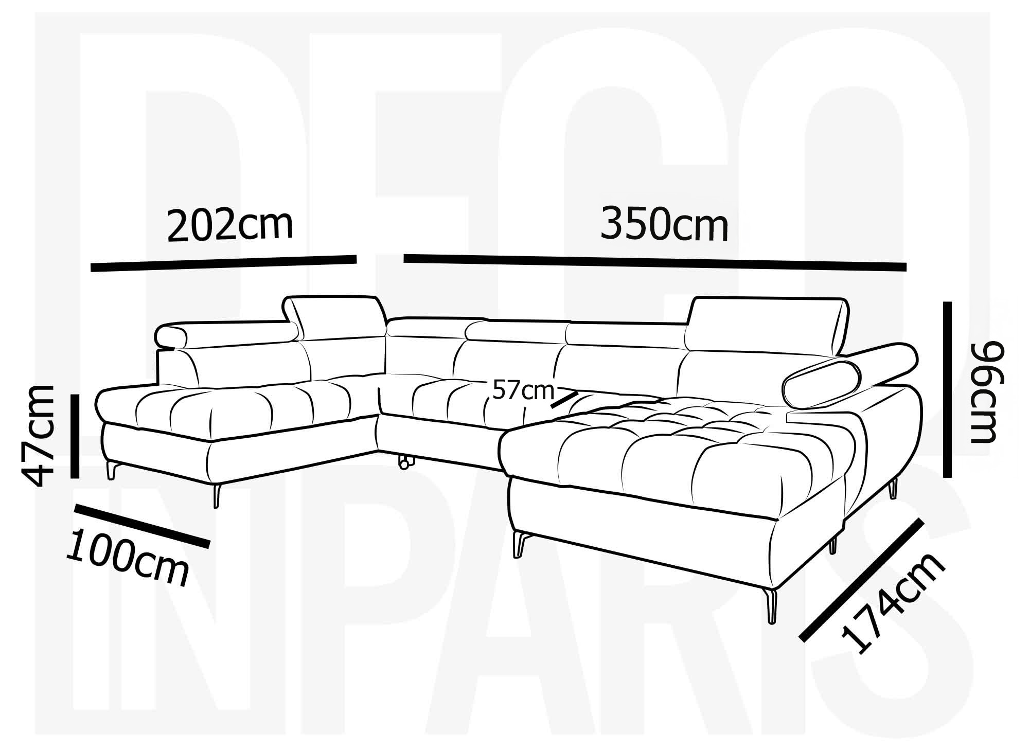 Canapé panoramique convertible matelassé avec coffre en velours beige LUCIANO - Angle droit