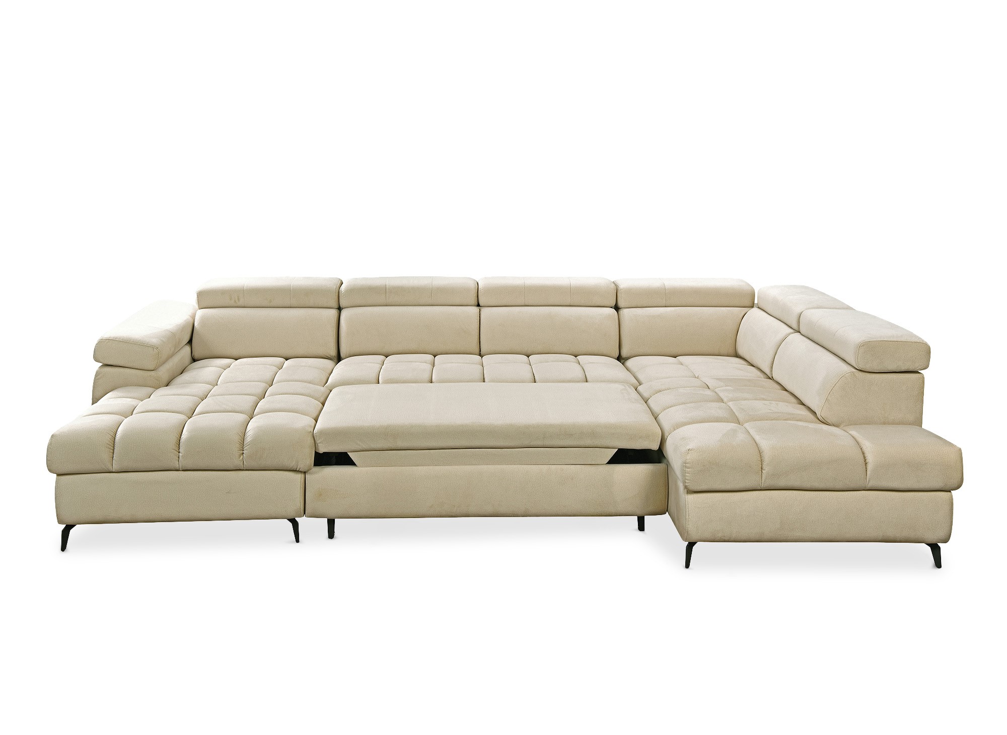 Canapé panoramique convertible matelassé avec coffre en velours beige LUCIANO - Angle gauche