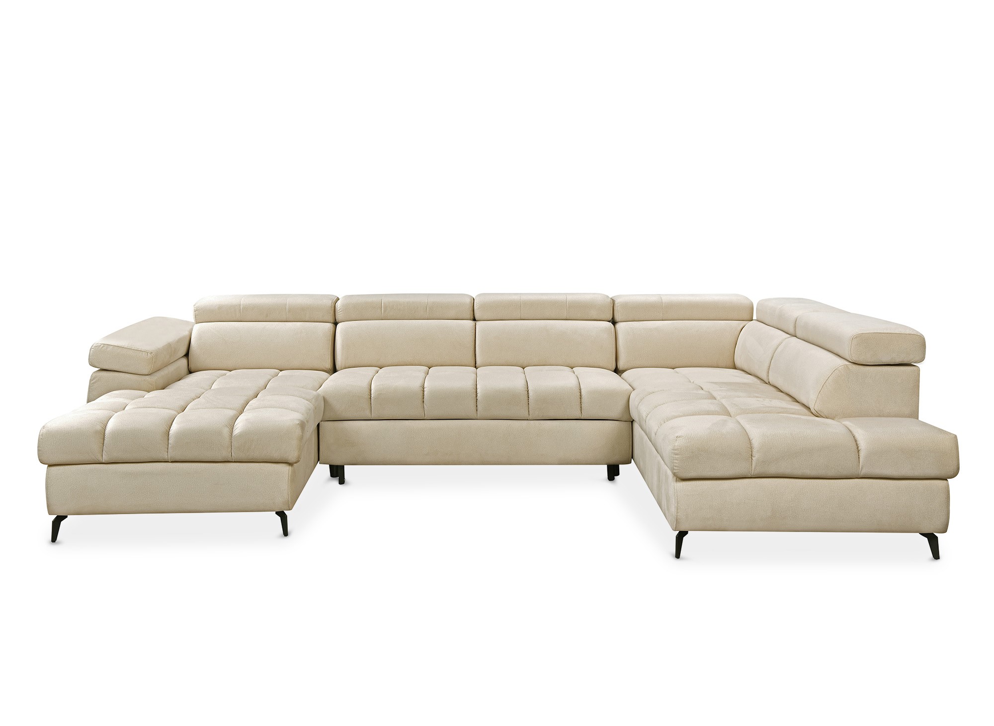 Canapé panoramique convertible matelassé avec coffre en velours beige LUCIANO - Angle gauche
