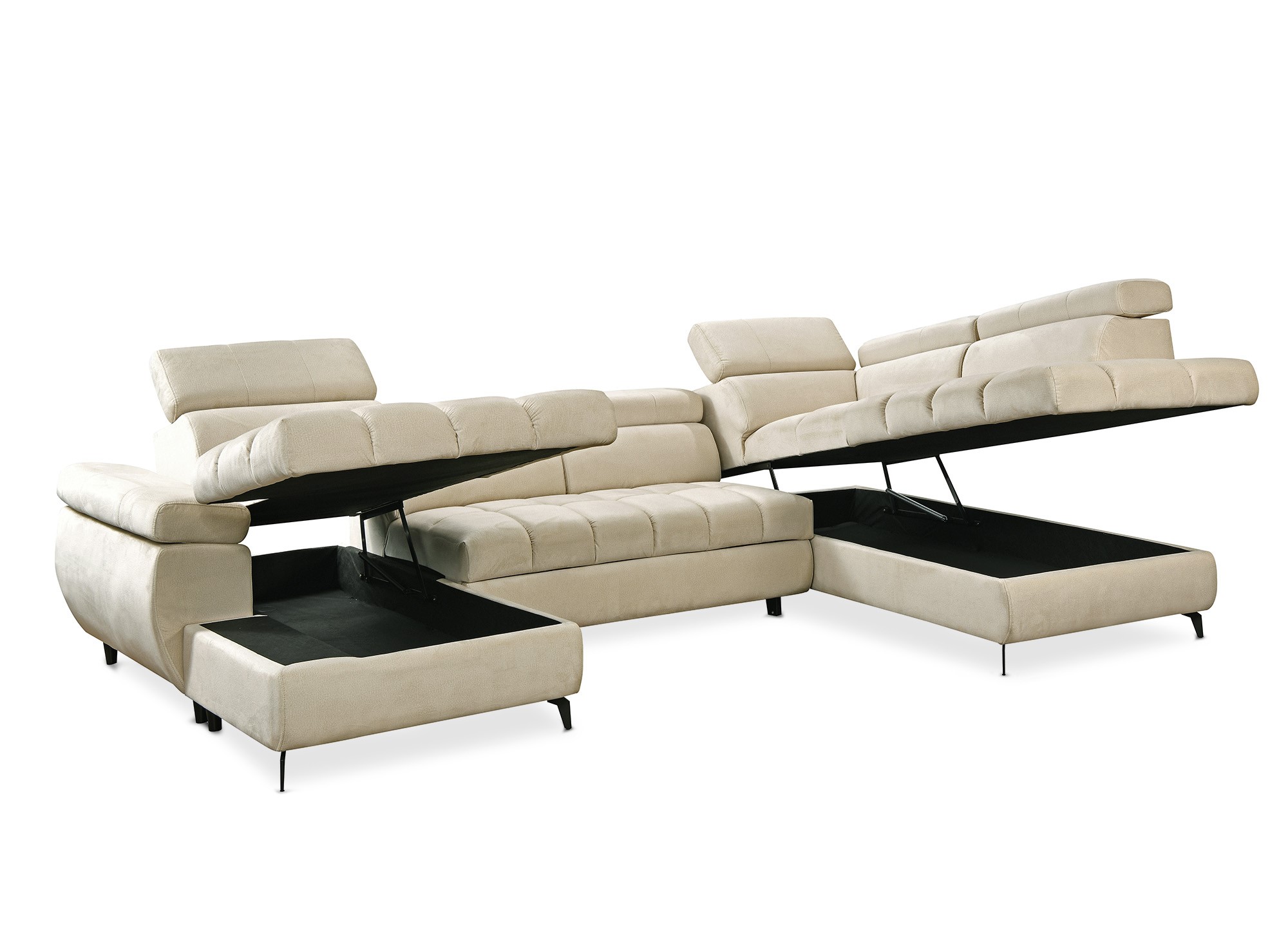 Canapé panoramique convertible matelassé avec coffre en velours beige LUCIANO - Angle gauche