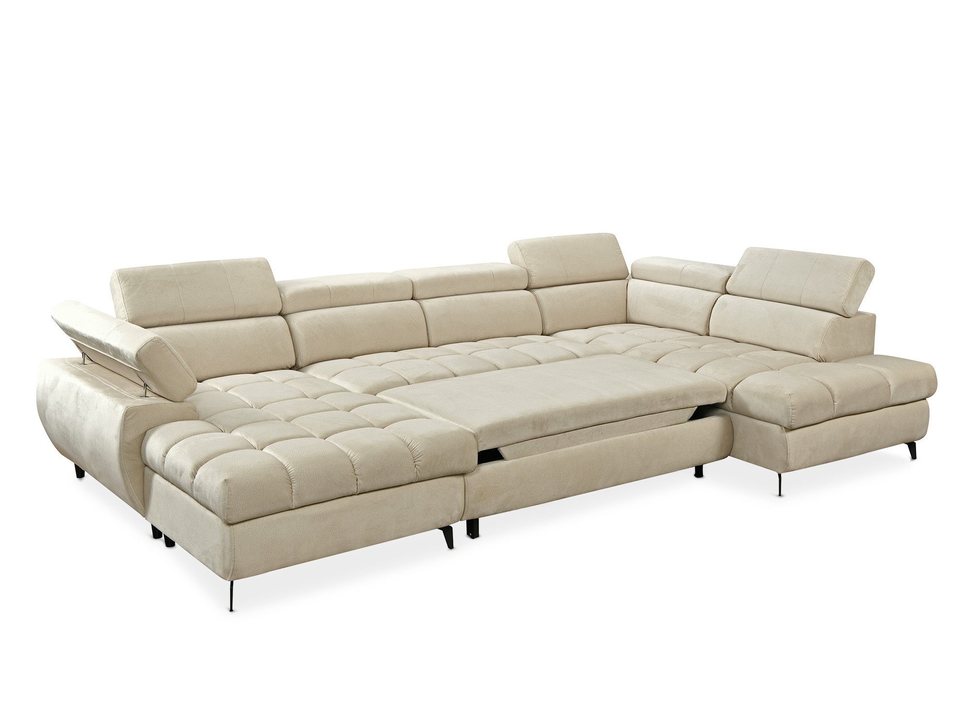 Canapé panoramique convertible matelassé avec coffre en velours beige LUCIANO - Angle gauche