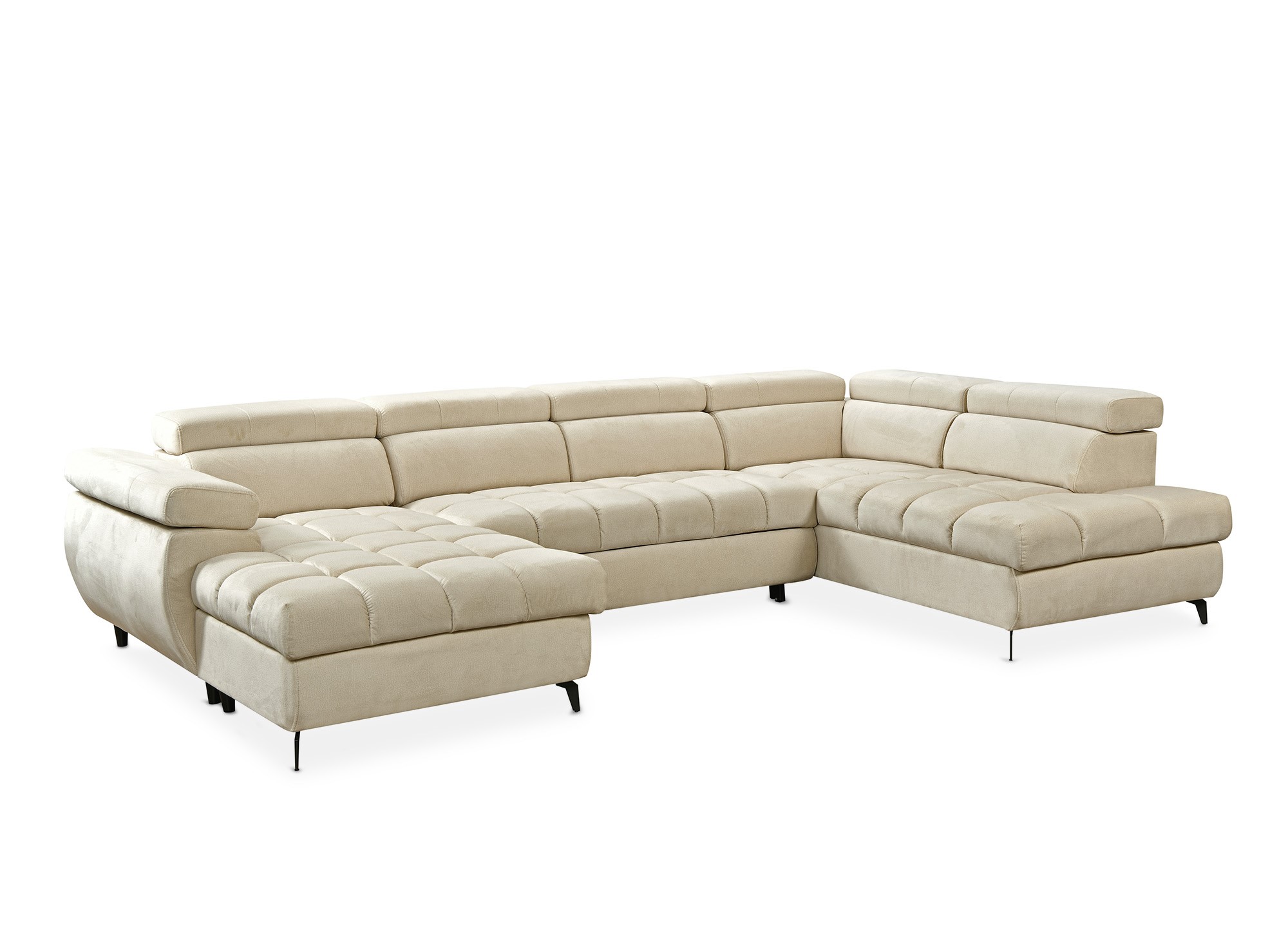 Canapé panoramique convertible matelassé avec coffre en velours beige LUCIANO - Angle gauche