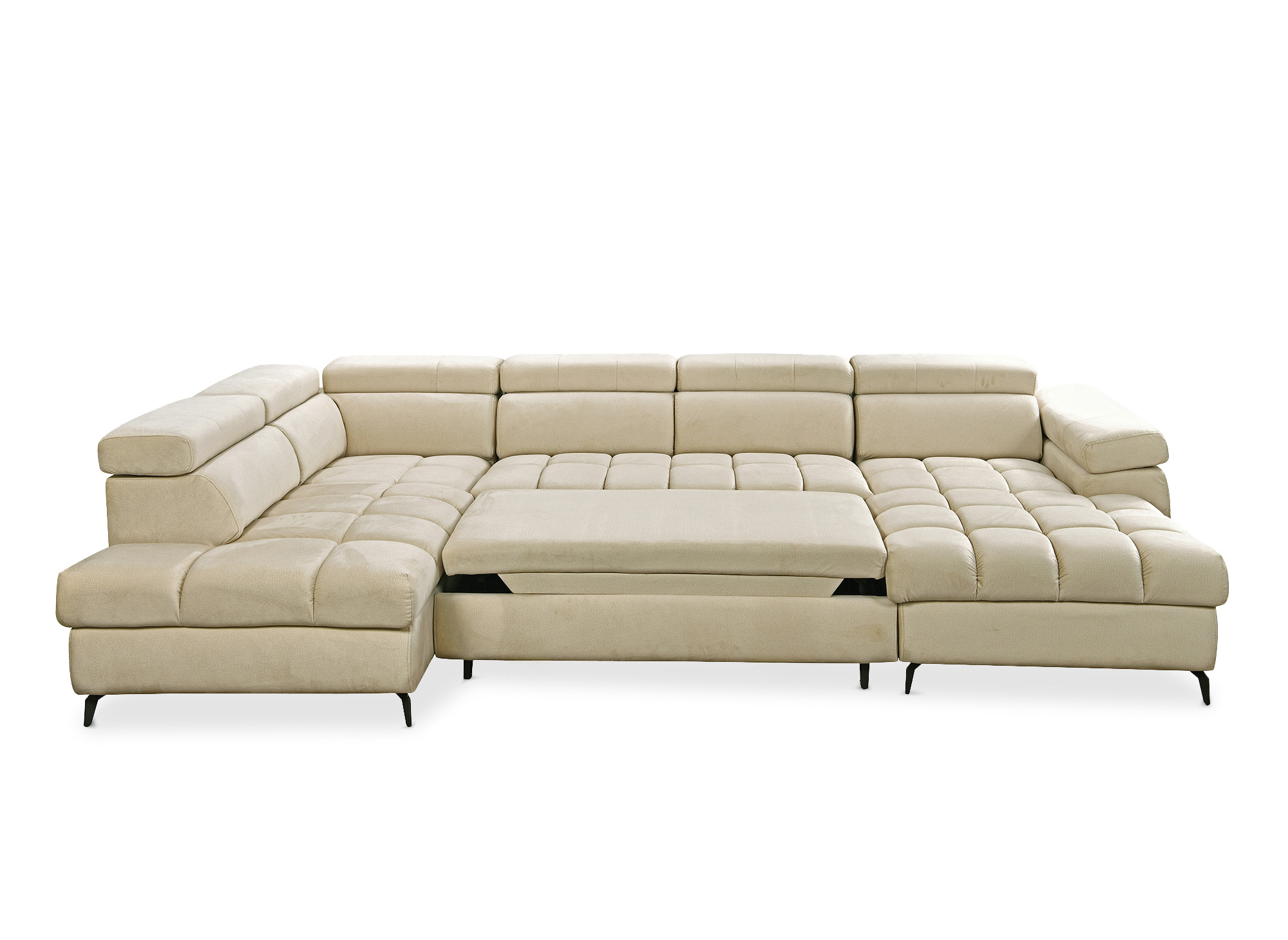 Canapé panoramique convertible matelassé avec coffre en velours beige LUCIANO - Angle droit