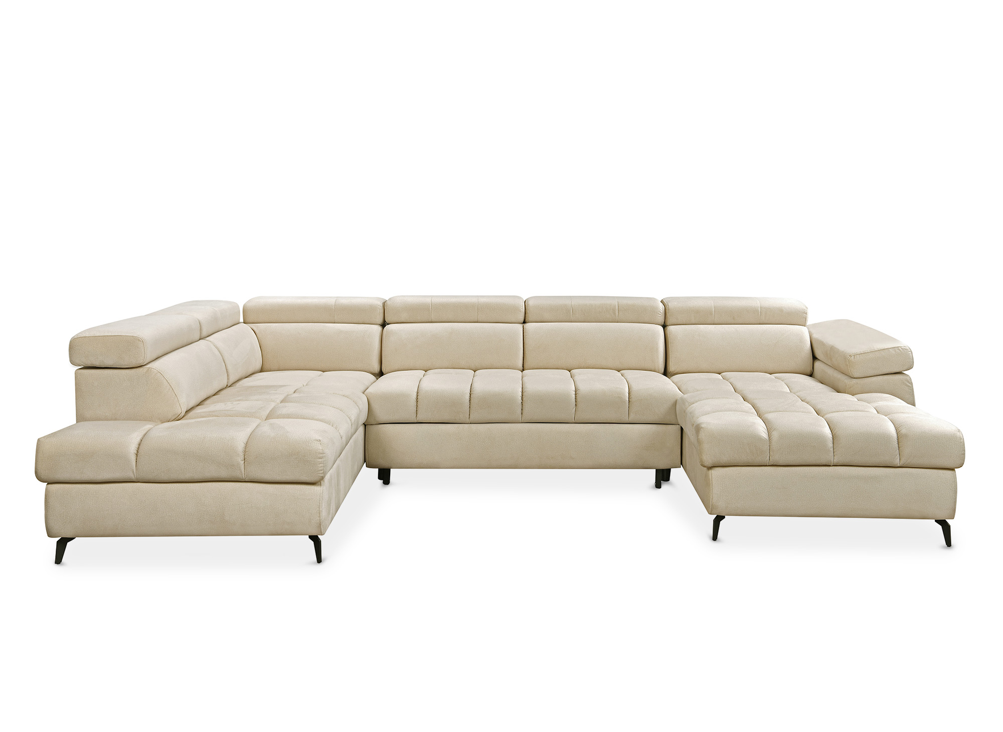 Canapé panoramique convertible matelassé avec coffre en velours beige LUCIANO - Angle droit
