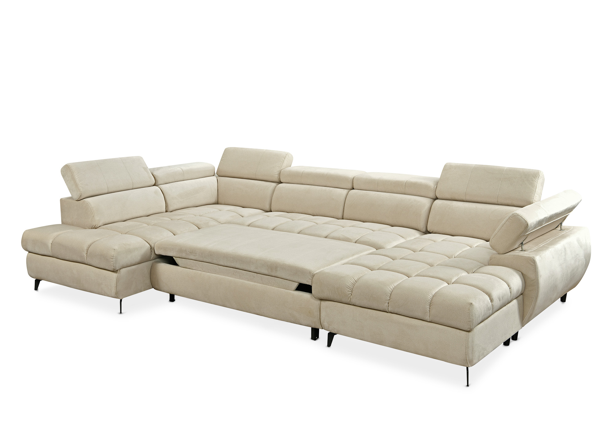 Canapé panoramique convertible matelassé avec coffre en velours beige LUCIANO - Angle droit