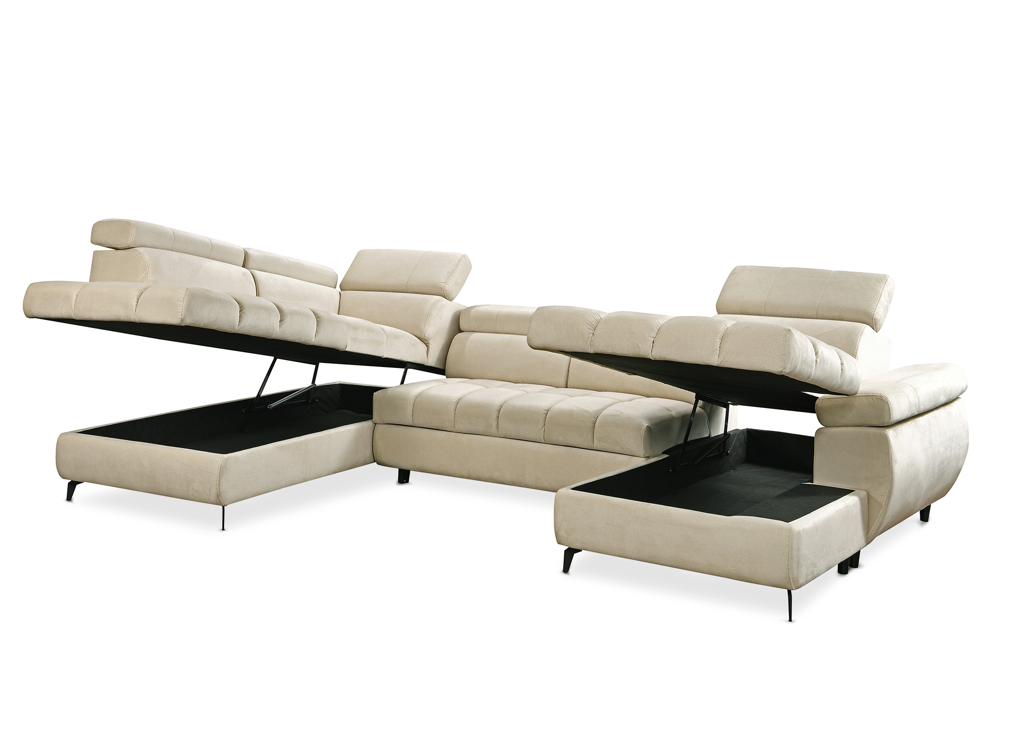 Canapé panoramique convertible matelassé avec coffre en velours beige LUCIANO - Angle droit
