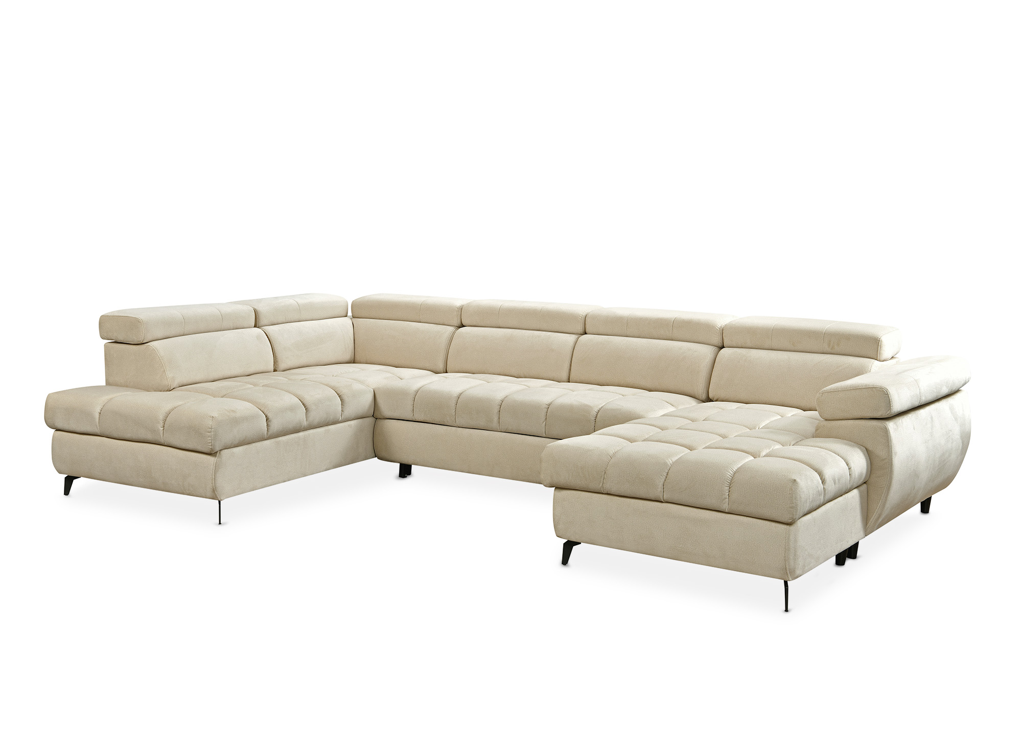 Canapé panoramique convertible matelassé avec coffre en velours beige LUCIANO - Angle droit