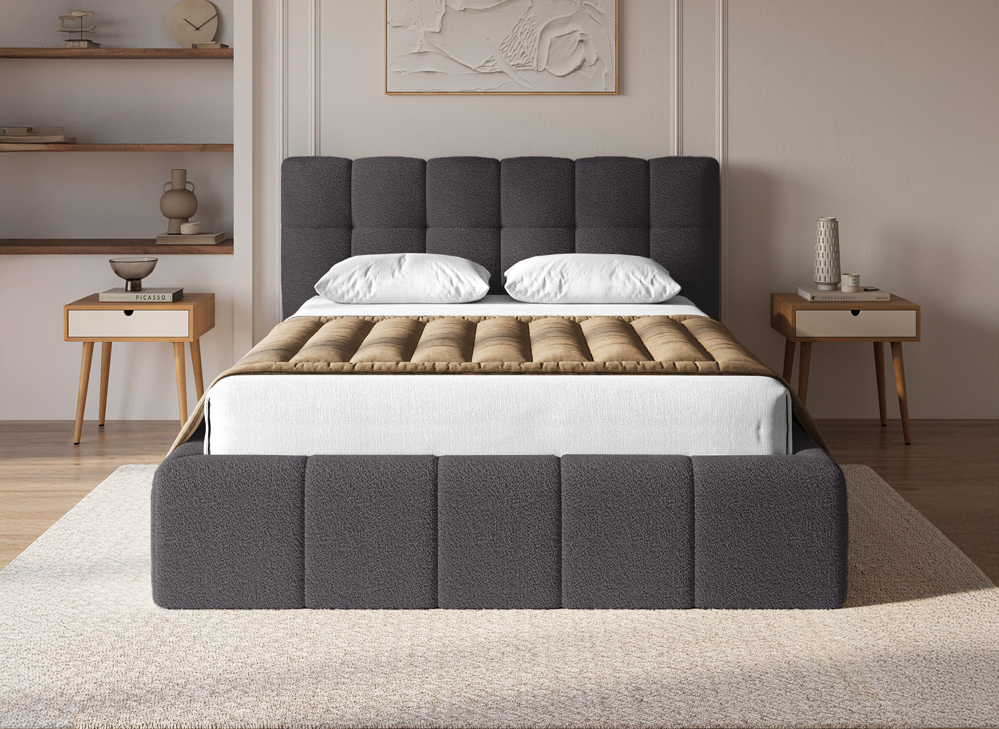 Lit coffre en tissu bouclette gris 140x190 cm MILIE