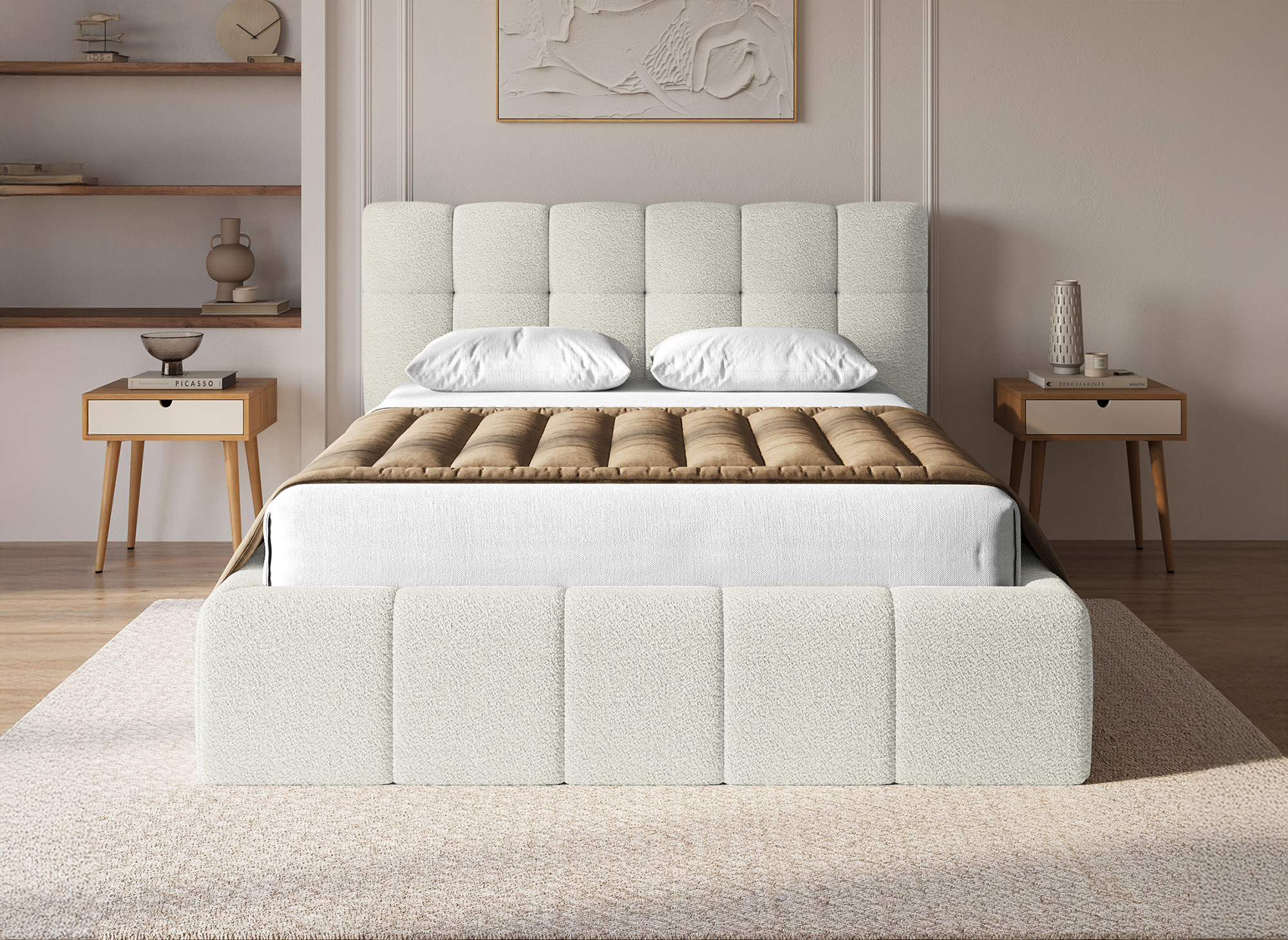 Lit coffre en tissu bouclette beige 140x190 cm MILIE