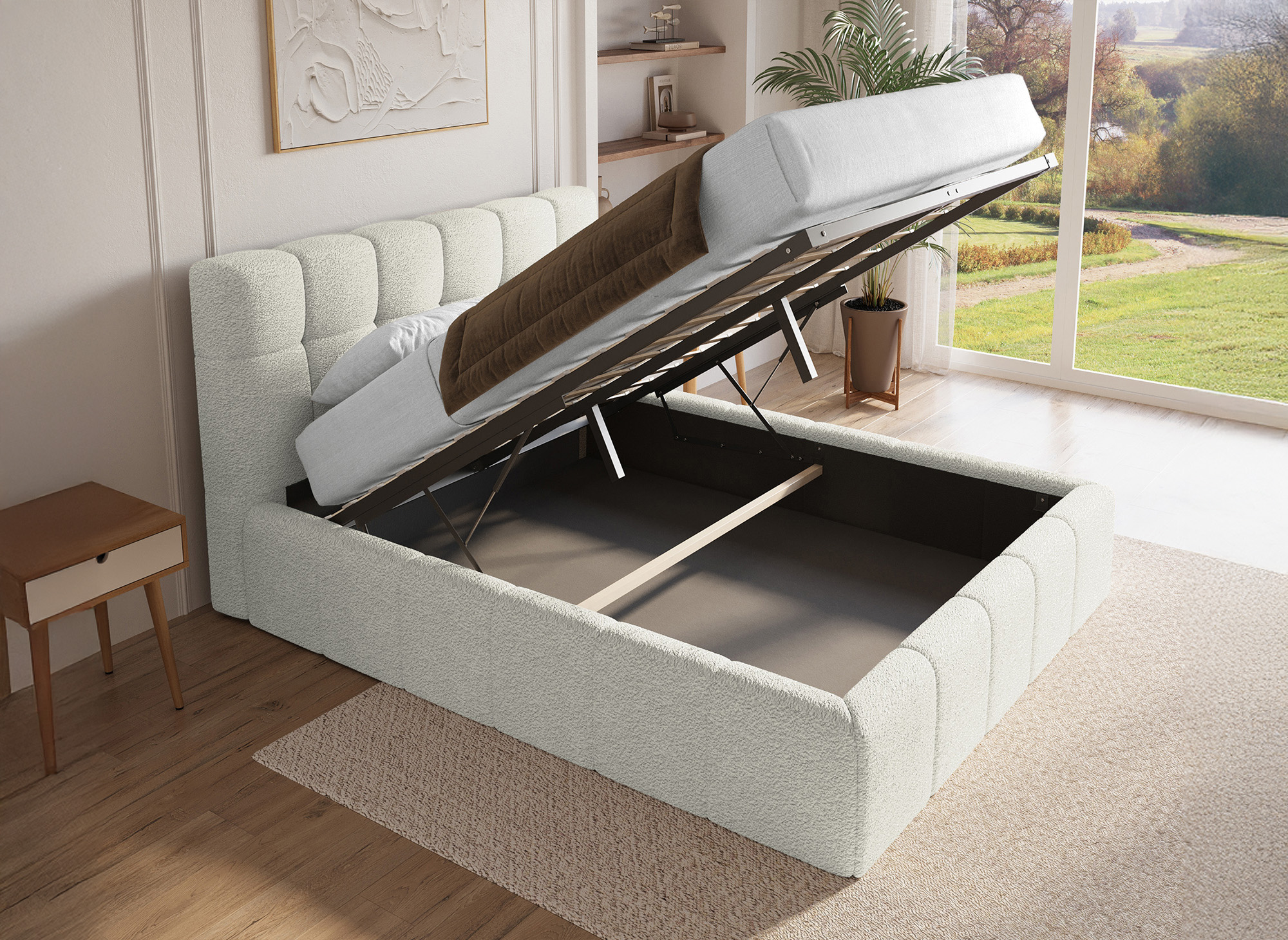 Lit coffre en tissu bouclette beige 140x190 cm MILIE