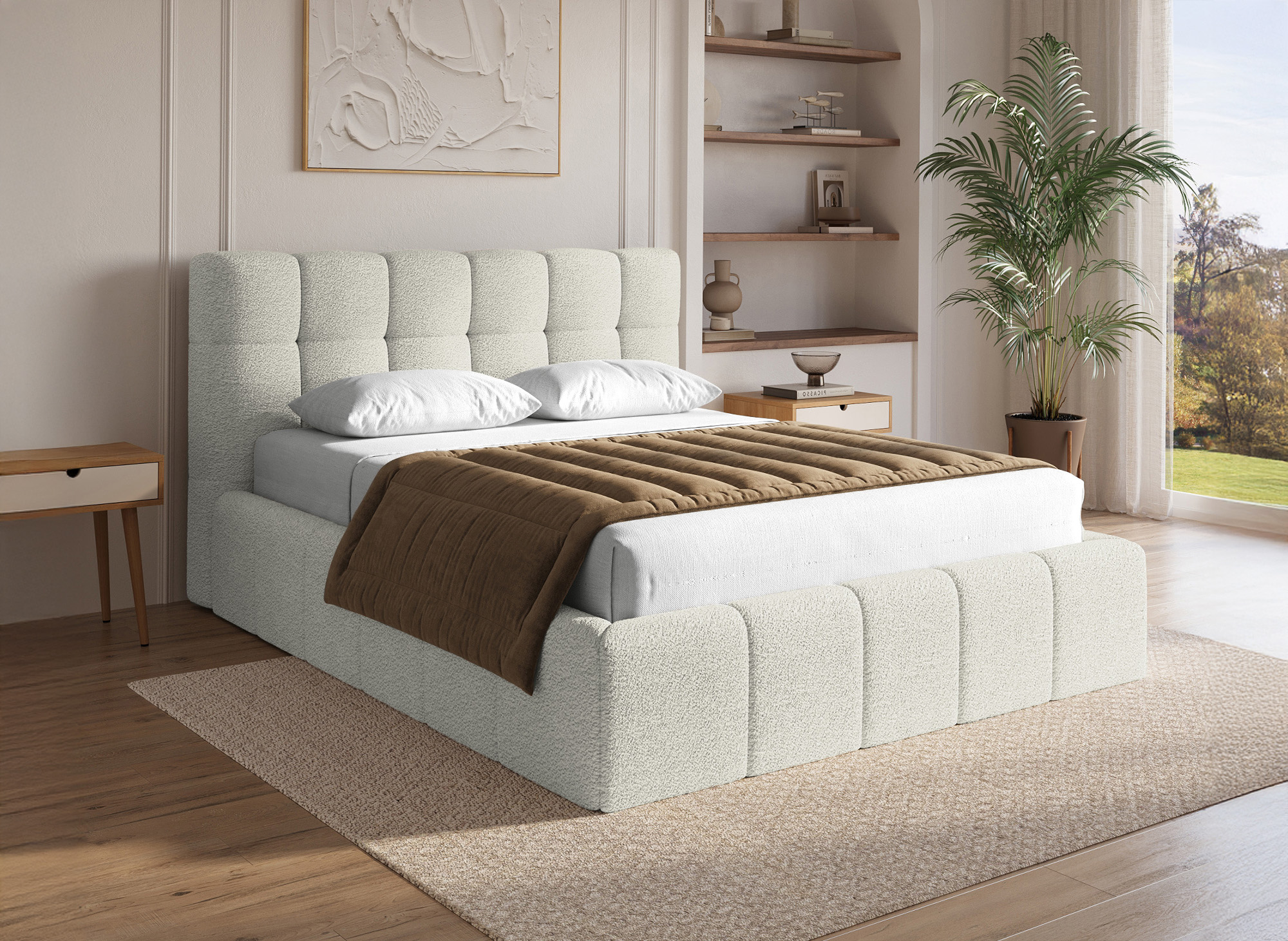 Lit coffre en tissu bouclette beige 140x190 cm MILIE
