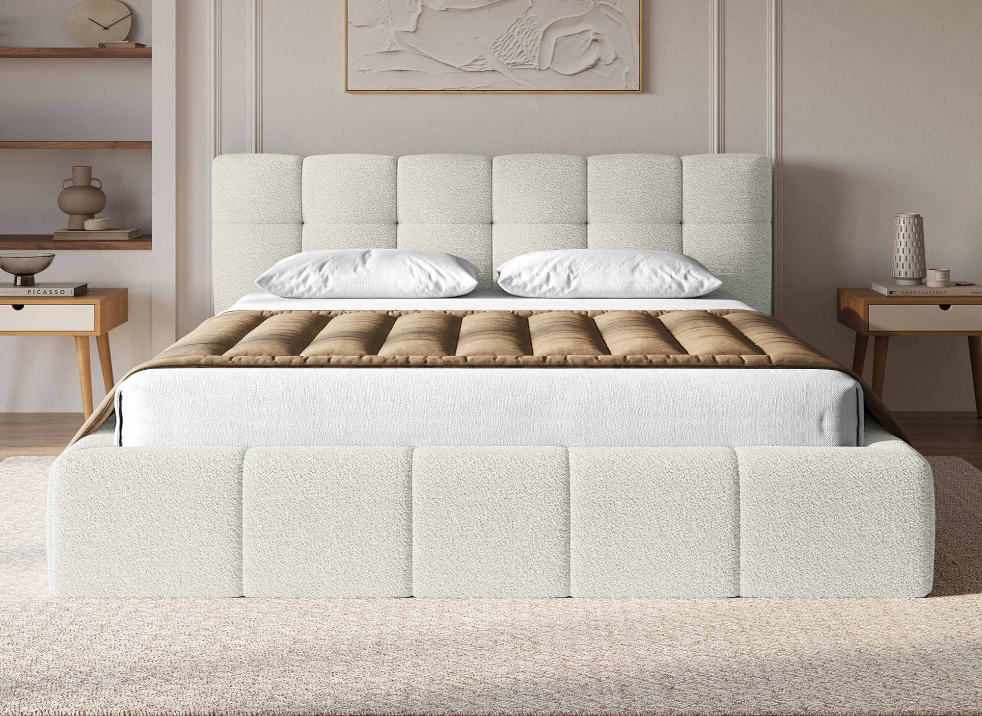 Lit coffre en tissu bouclette beige 180x200 cm MILIE