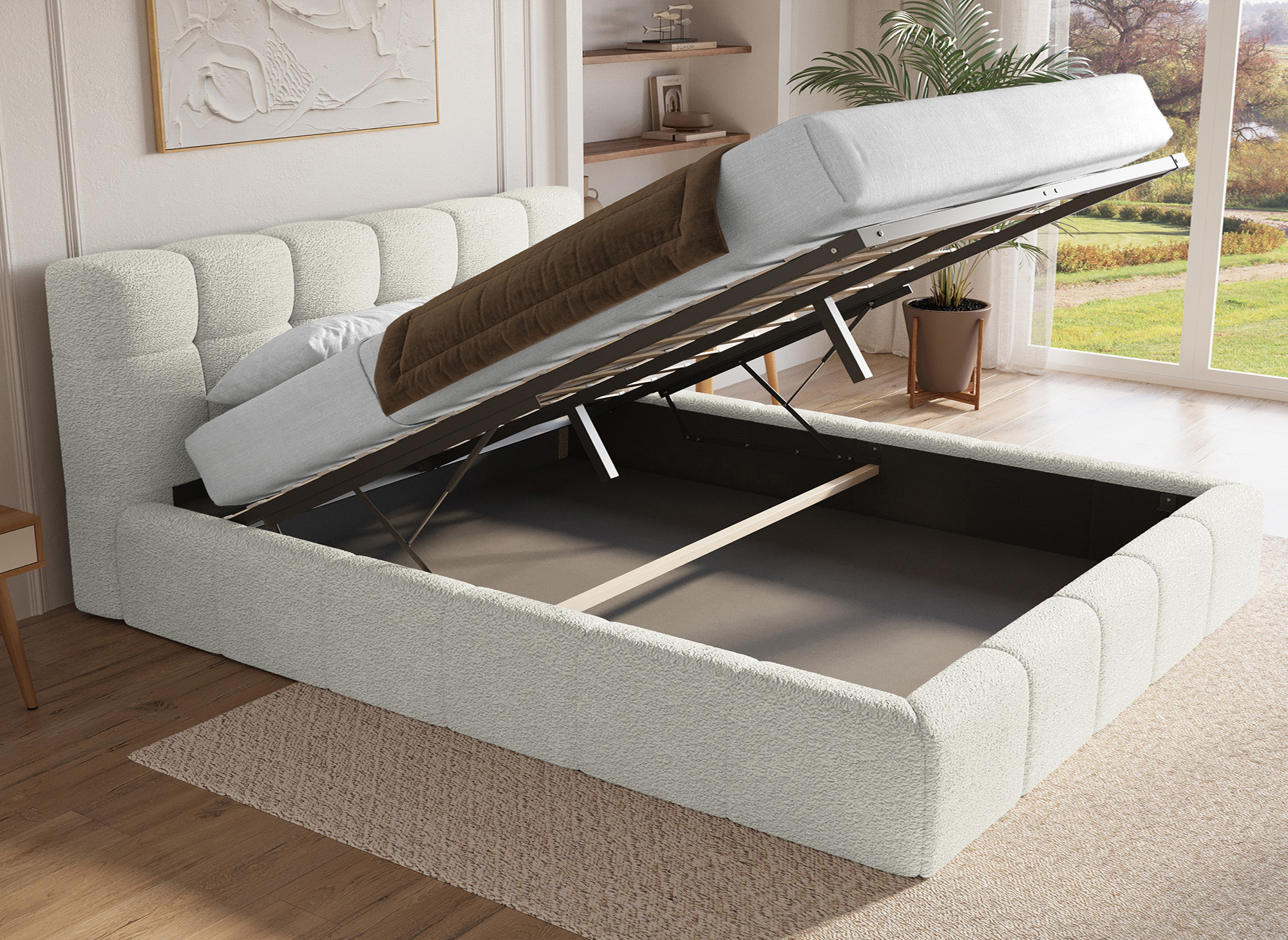 Lit coffre en tissu bouclette beige 180x200 cm MILIE