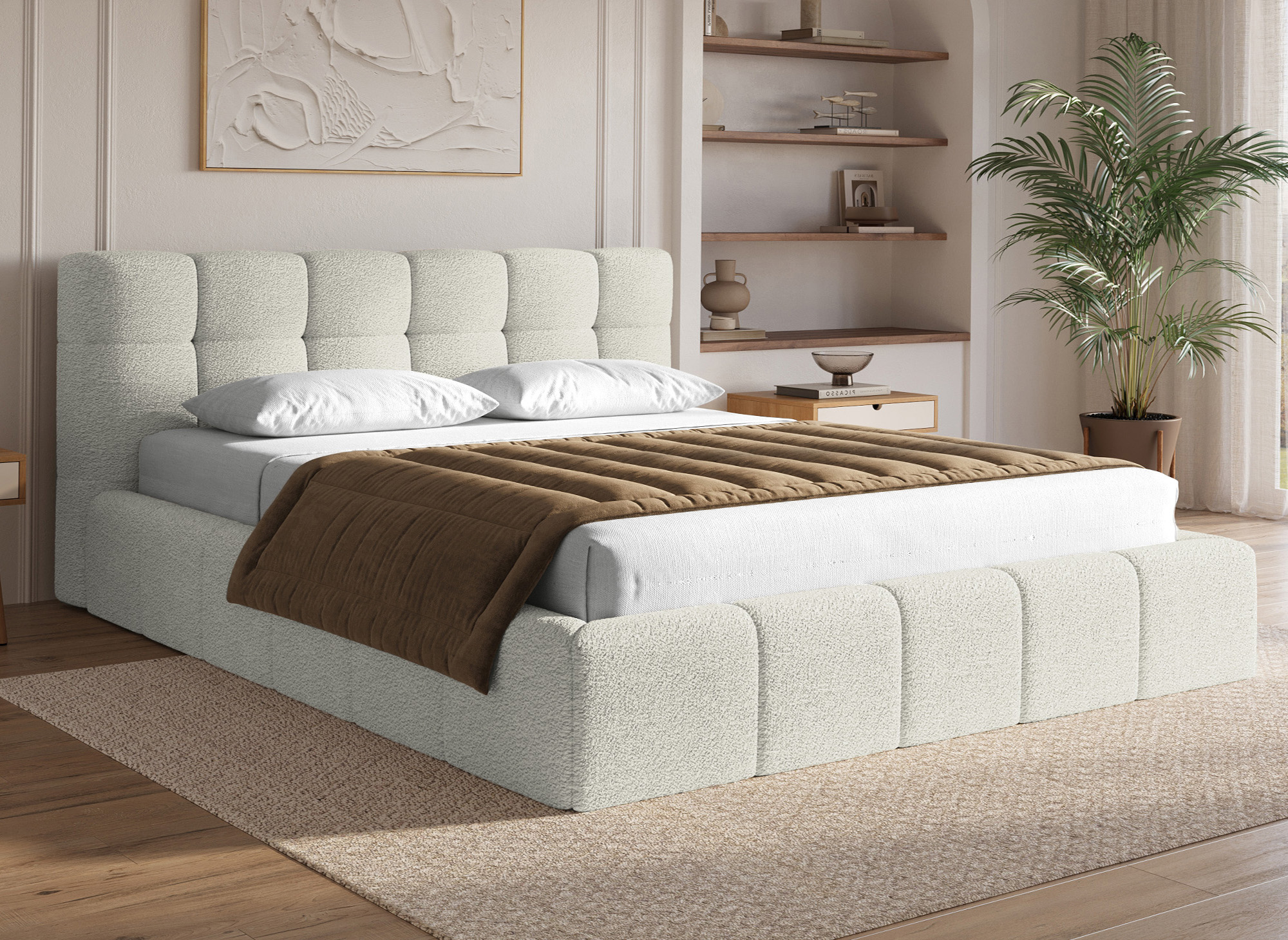 Lit coffre en tissu bouclette beige 180x200 cm MILIE