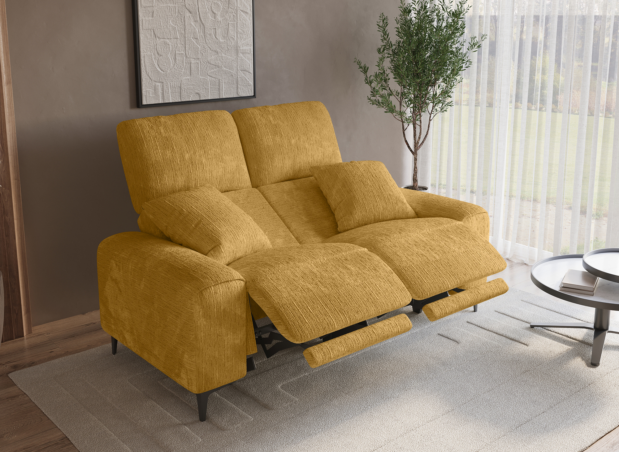Canapé 2 places relax électrique en velours chiné jaune moutarde HELOISE