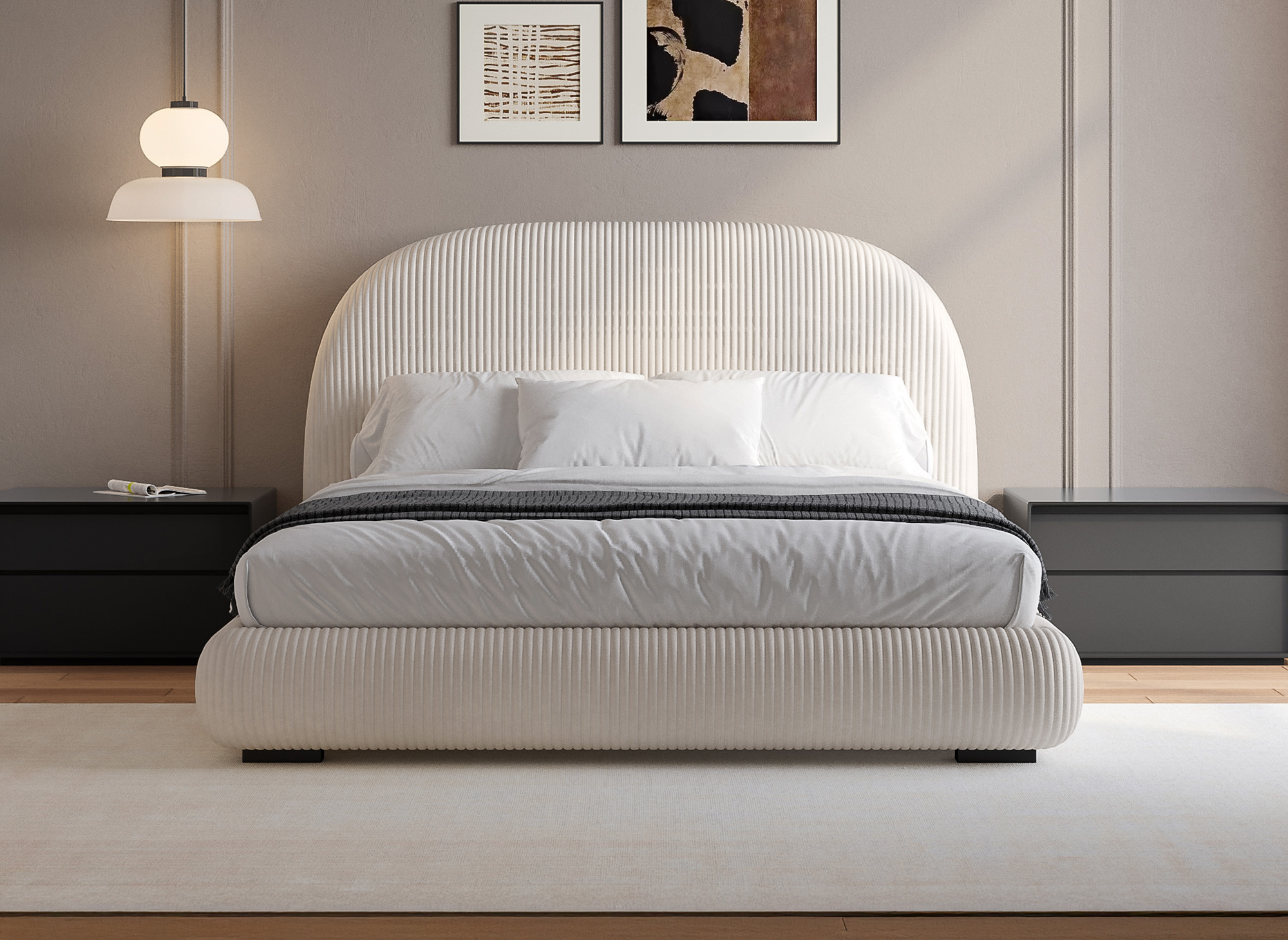 Lit double en velours côtelé épais beige 180x200cm COSY