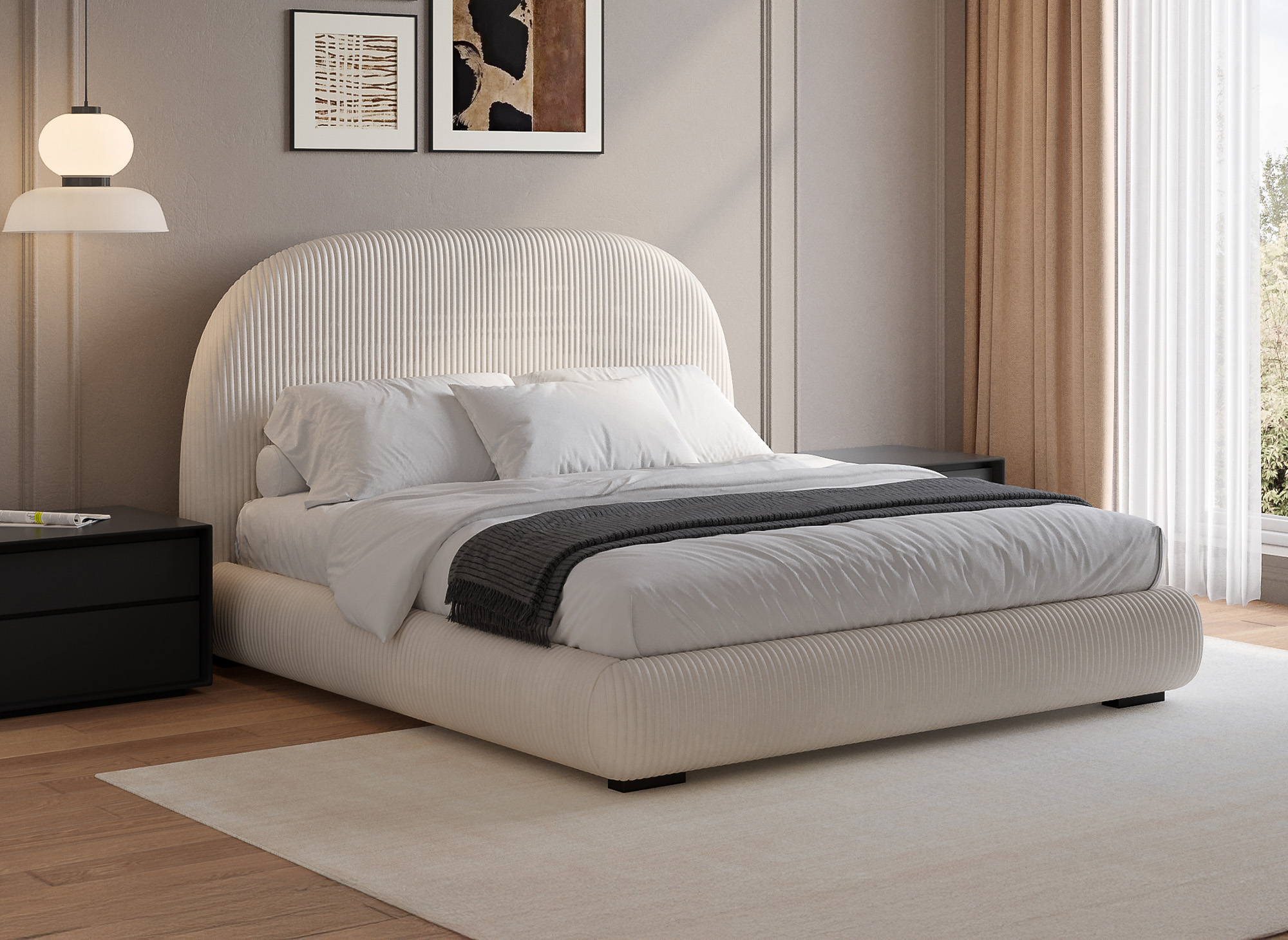 Lit double en velours côtelé épais beige 180x200cm COSY