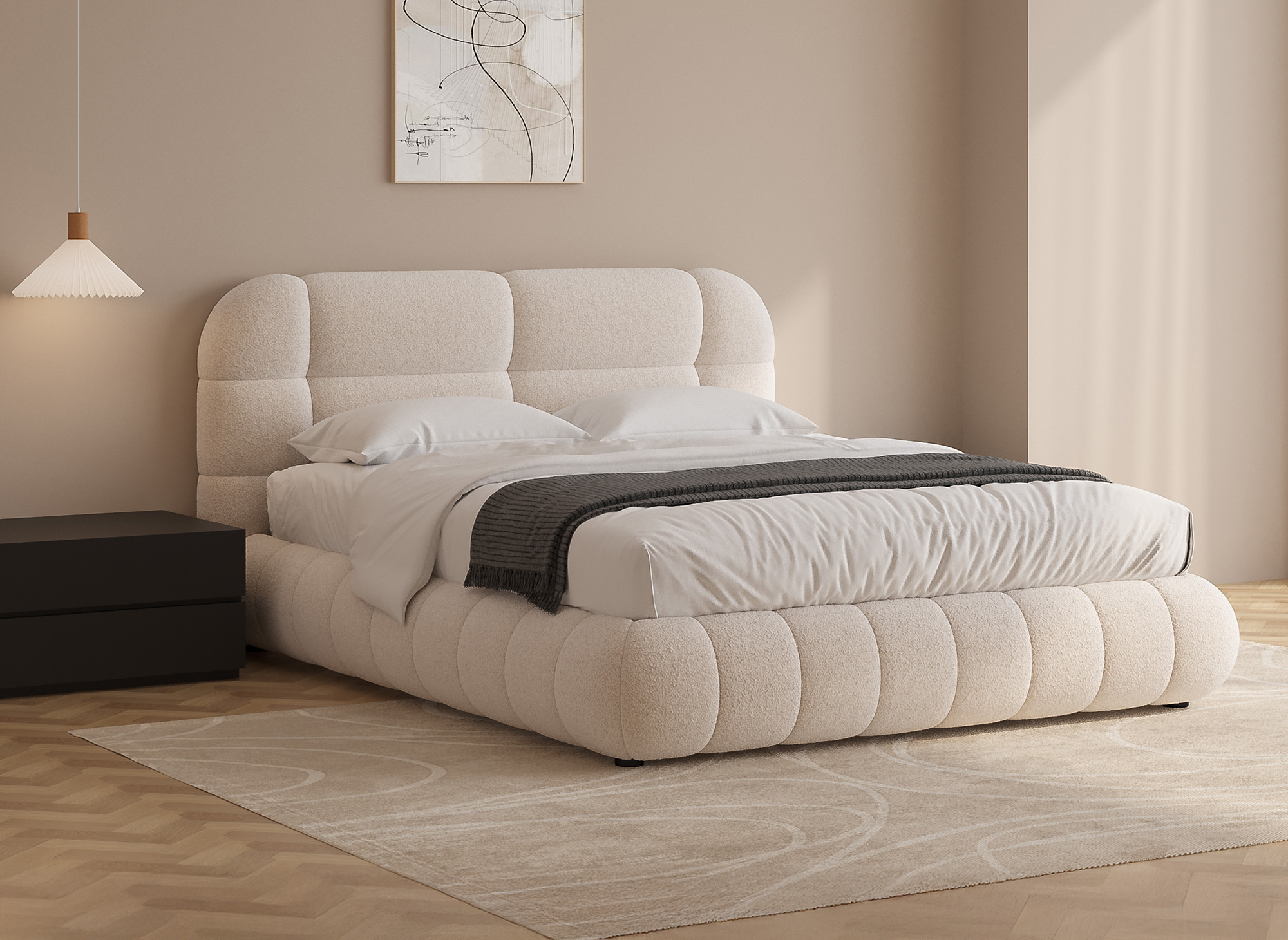 Lit double en tissu bouclette écru 160x200 cm YOURI