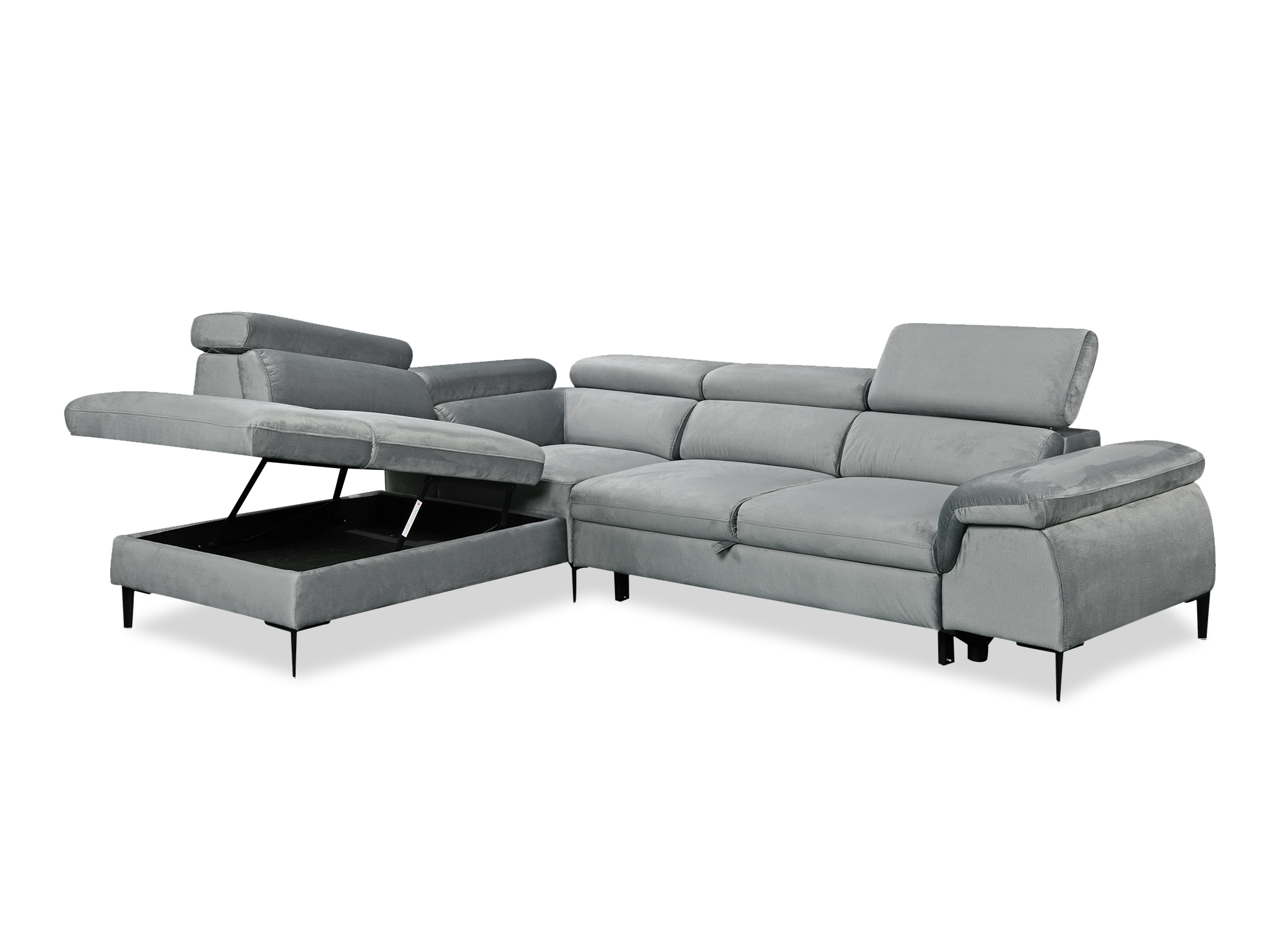 Canapé d'angle convertible avec coffre de rangement en velours gris SWAN - Angle gauche