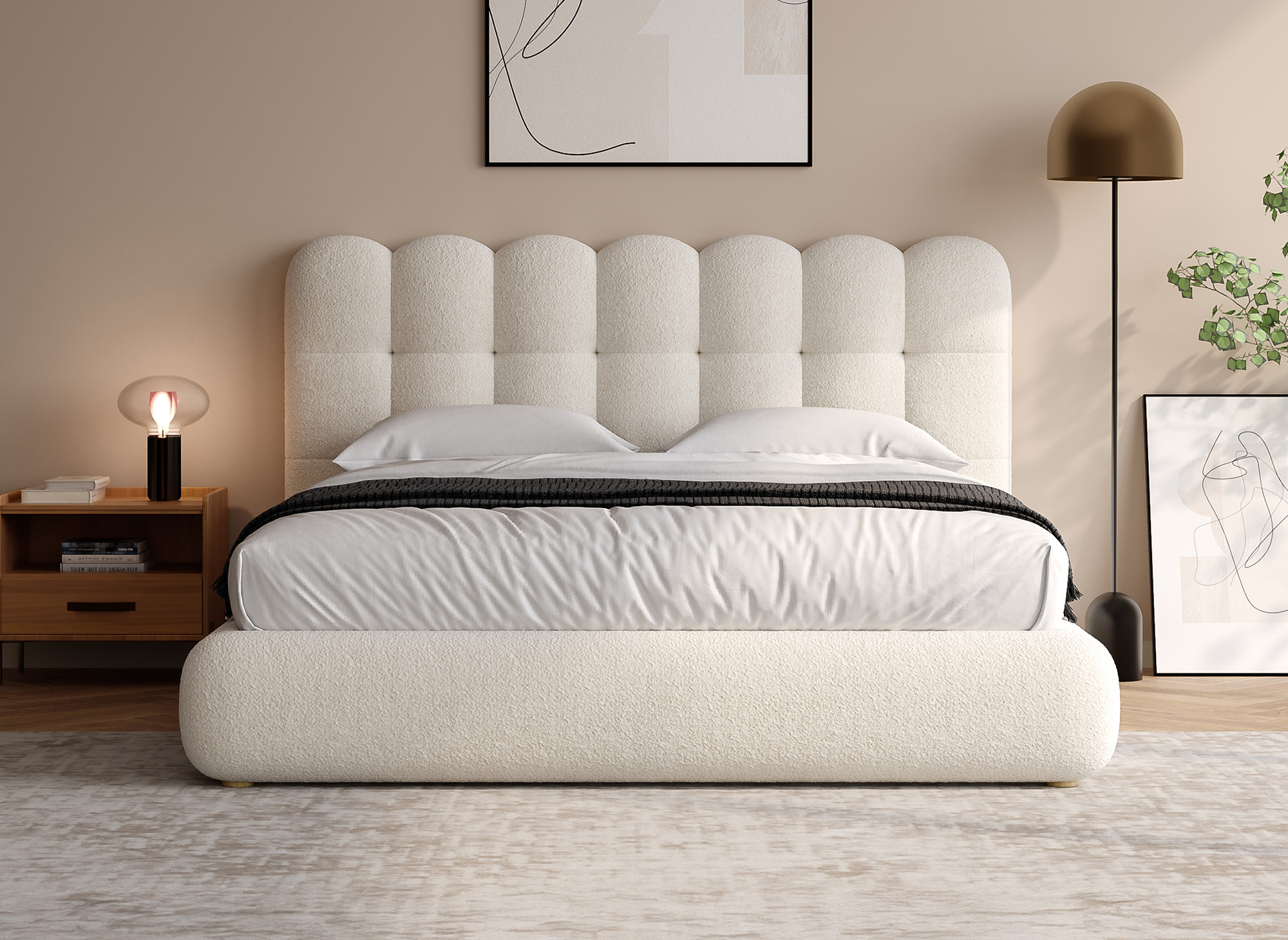Lit double en tissu bouclette beige 180x200cm BISCUIT