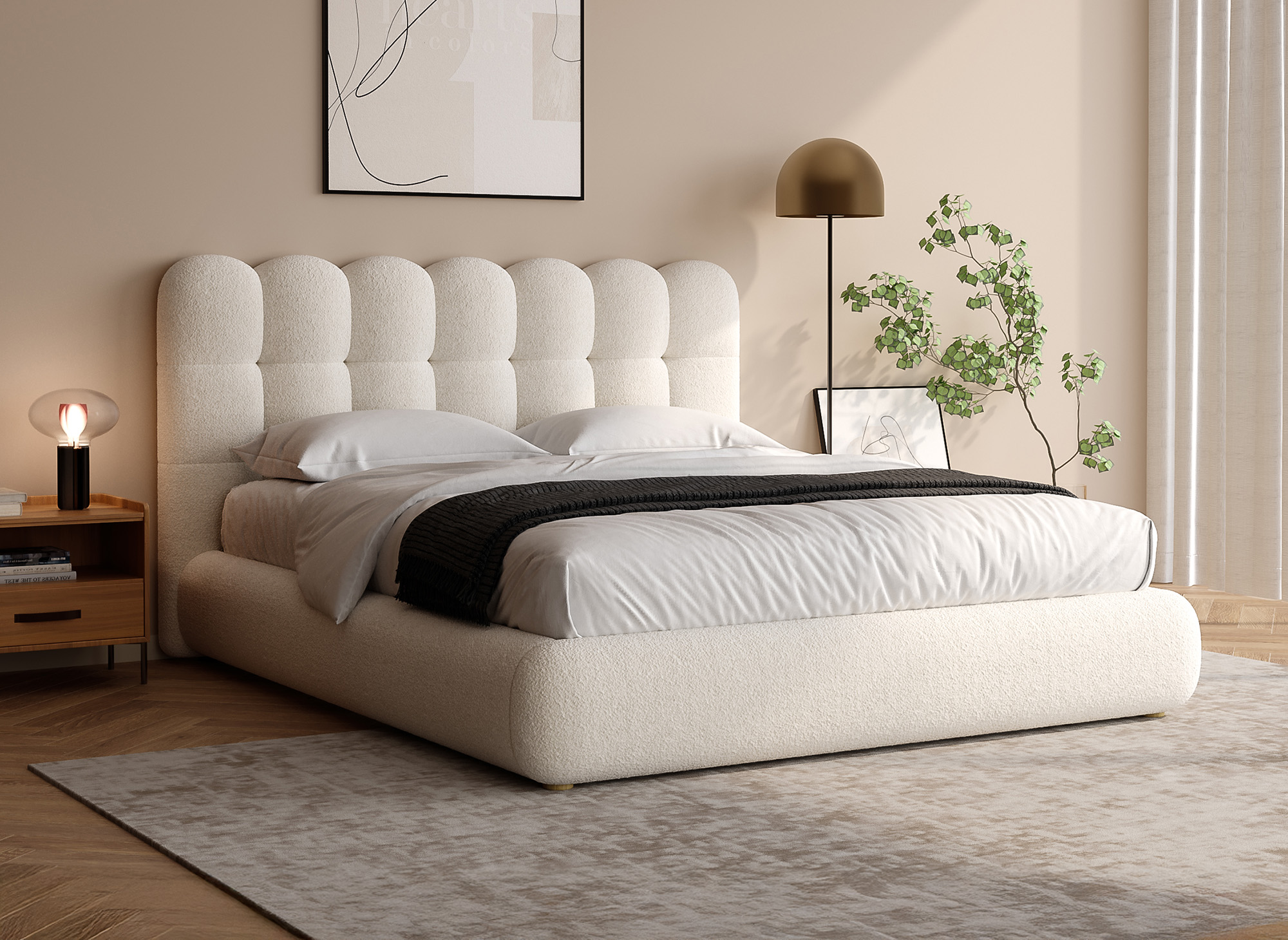Lit double en tissu bouclette beige 180x200cm BISCUIT