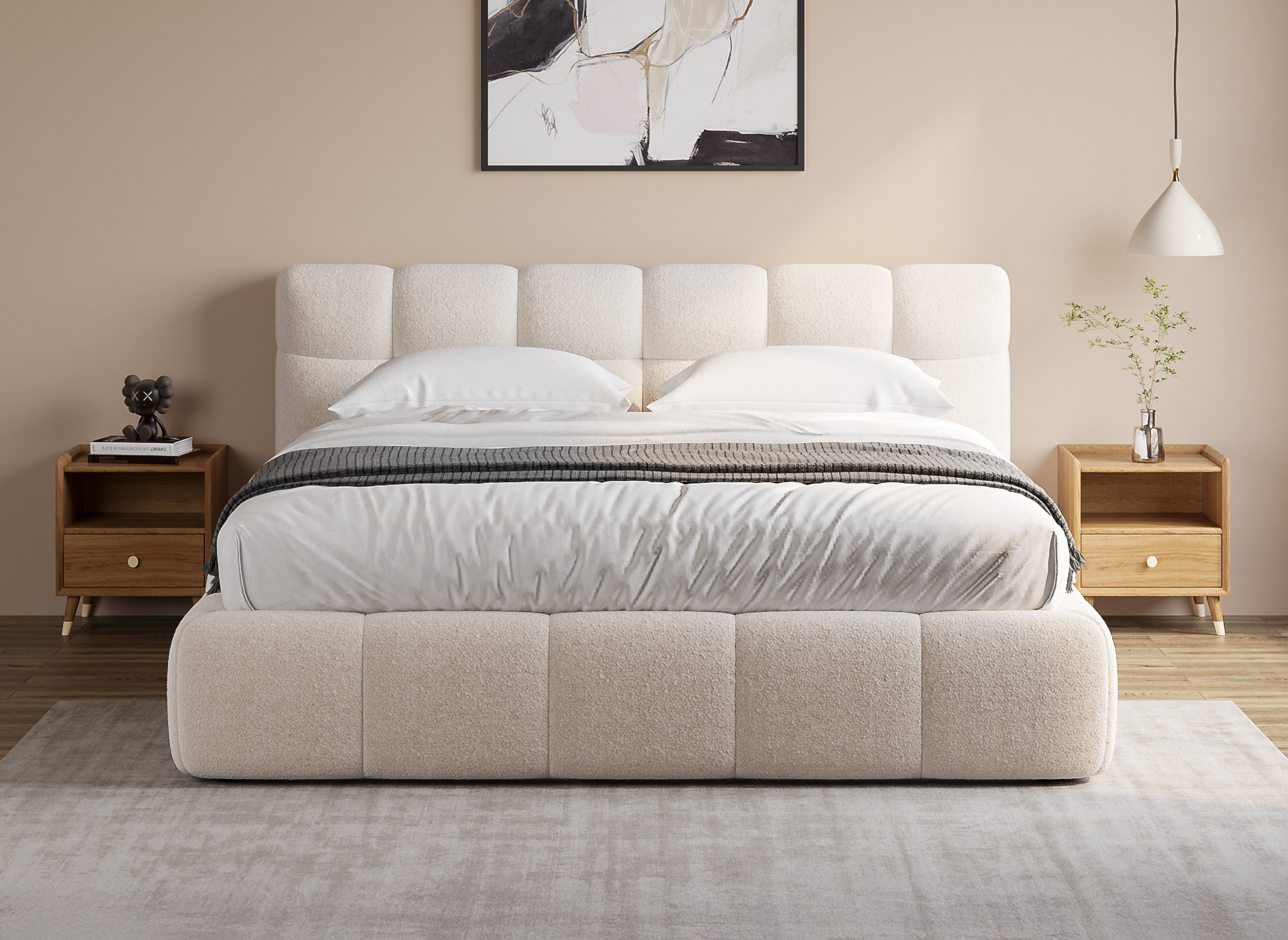 Lit double en tissu bouclette écru 180x200 cm GEORGINA