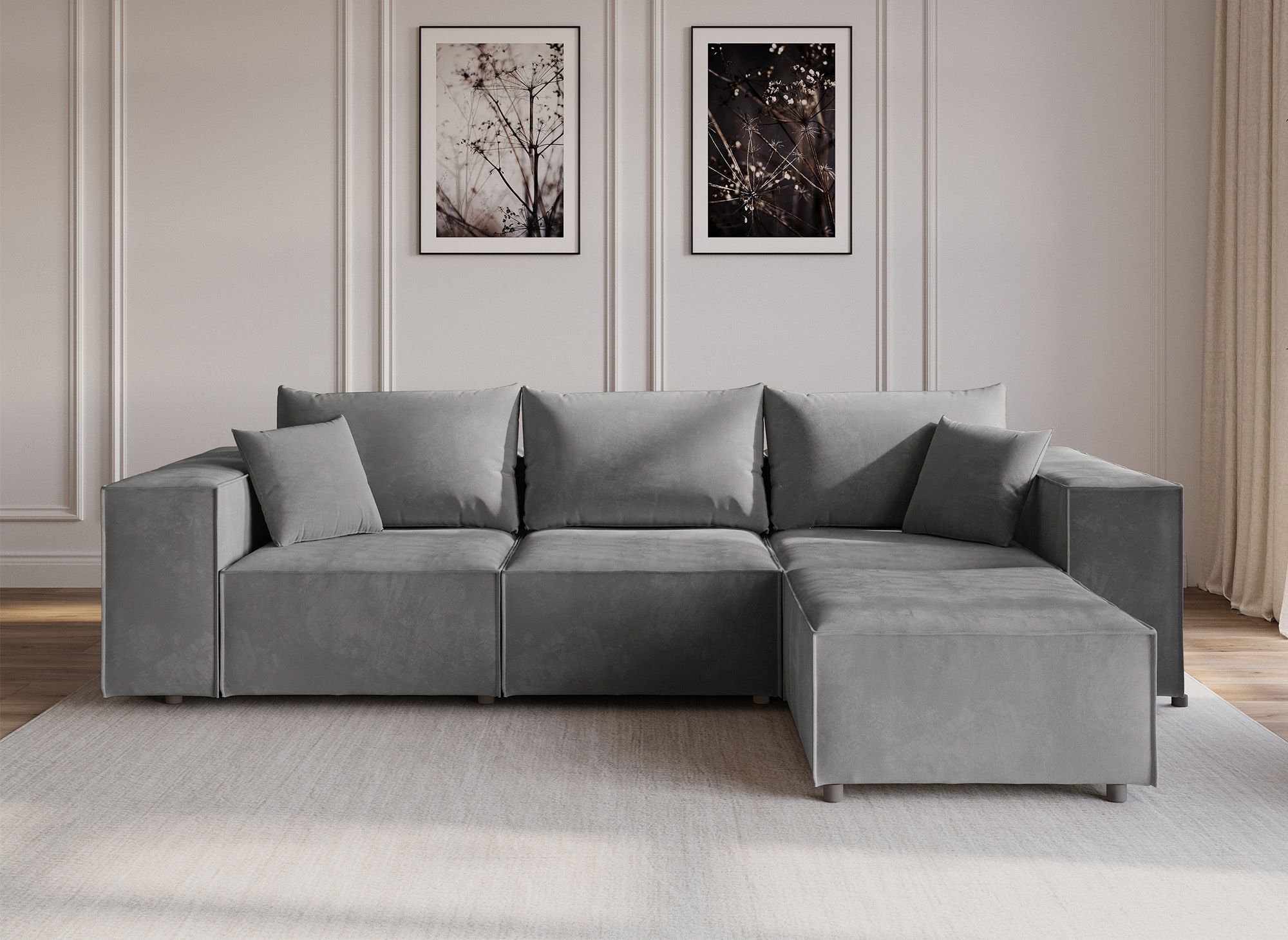 Canapé d'angle modulable en velours gris HARLEM