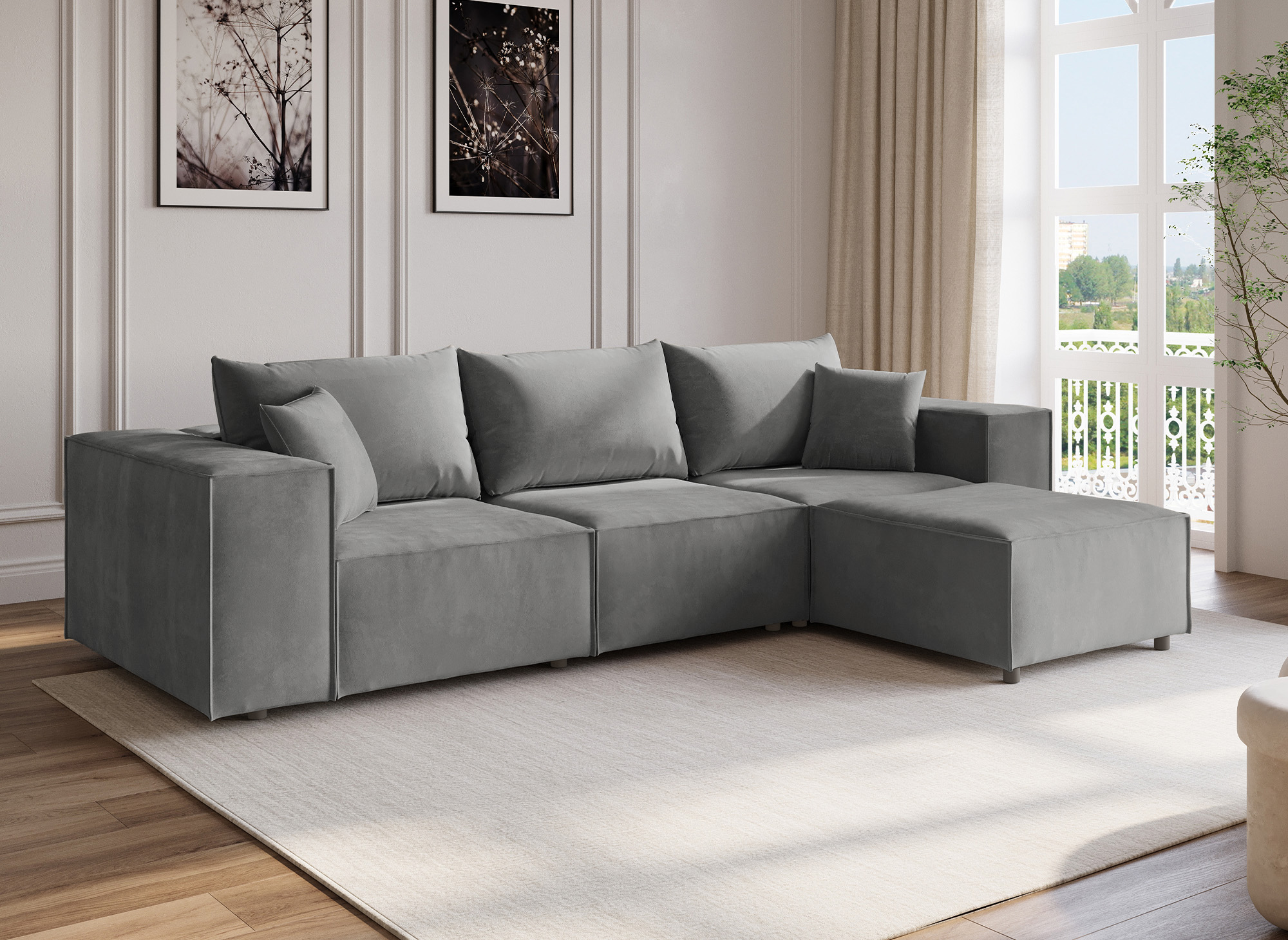 Canapé d'angle modulable en velours gris HARLEM